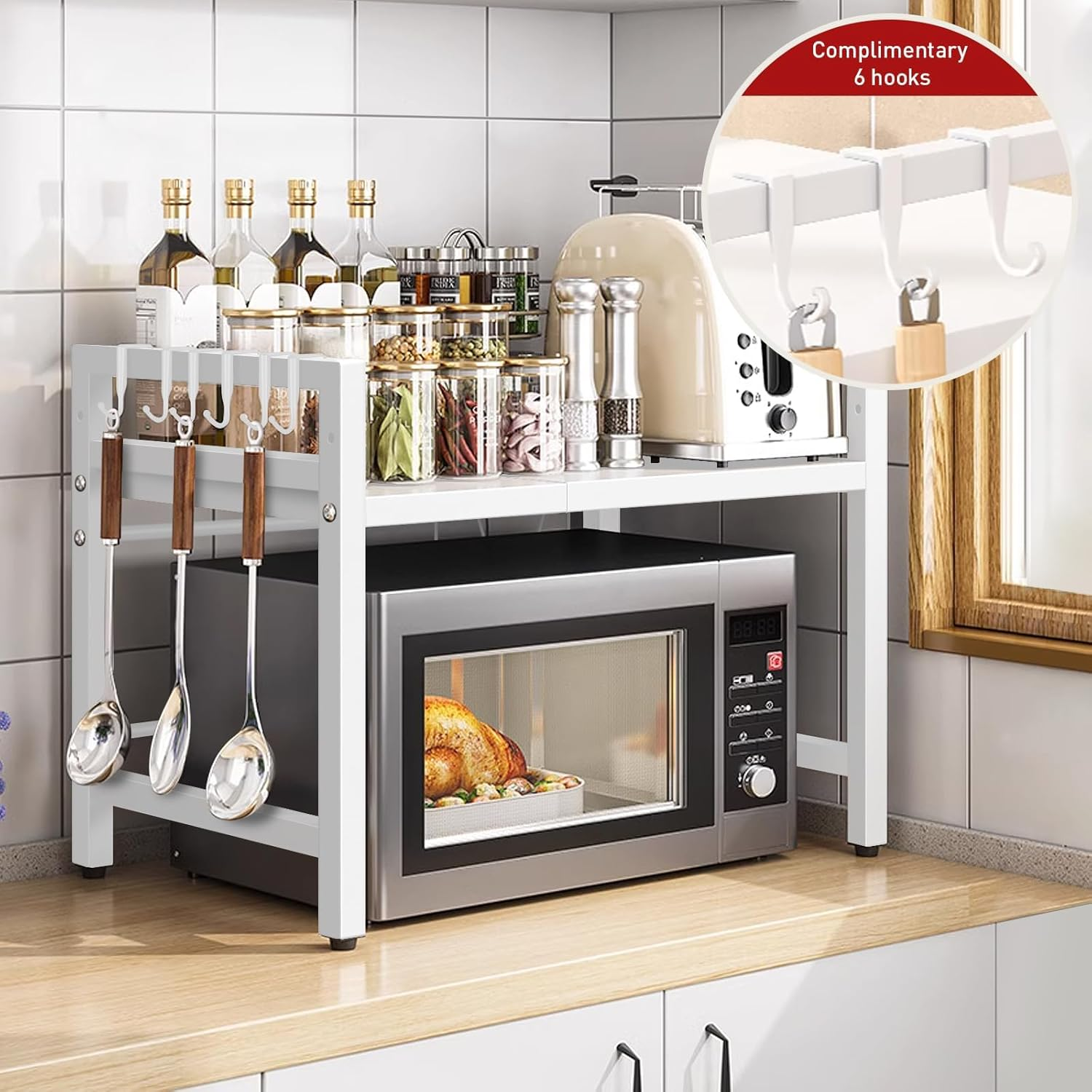 Joiena Extendable Microwave Oven Rack Black, Adjustable Microwave/Toaster Shelf Heavy Duty Stand Kitchen Counter Top Organizer, 2-Tier with 6 Hooks (White)