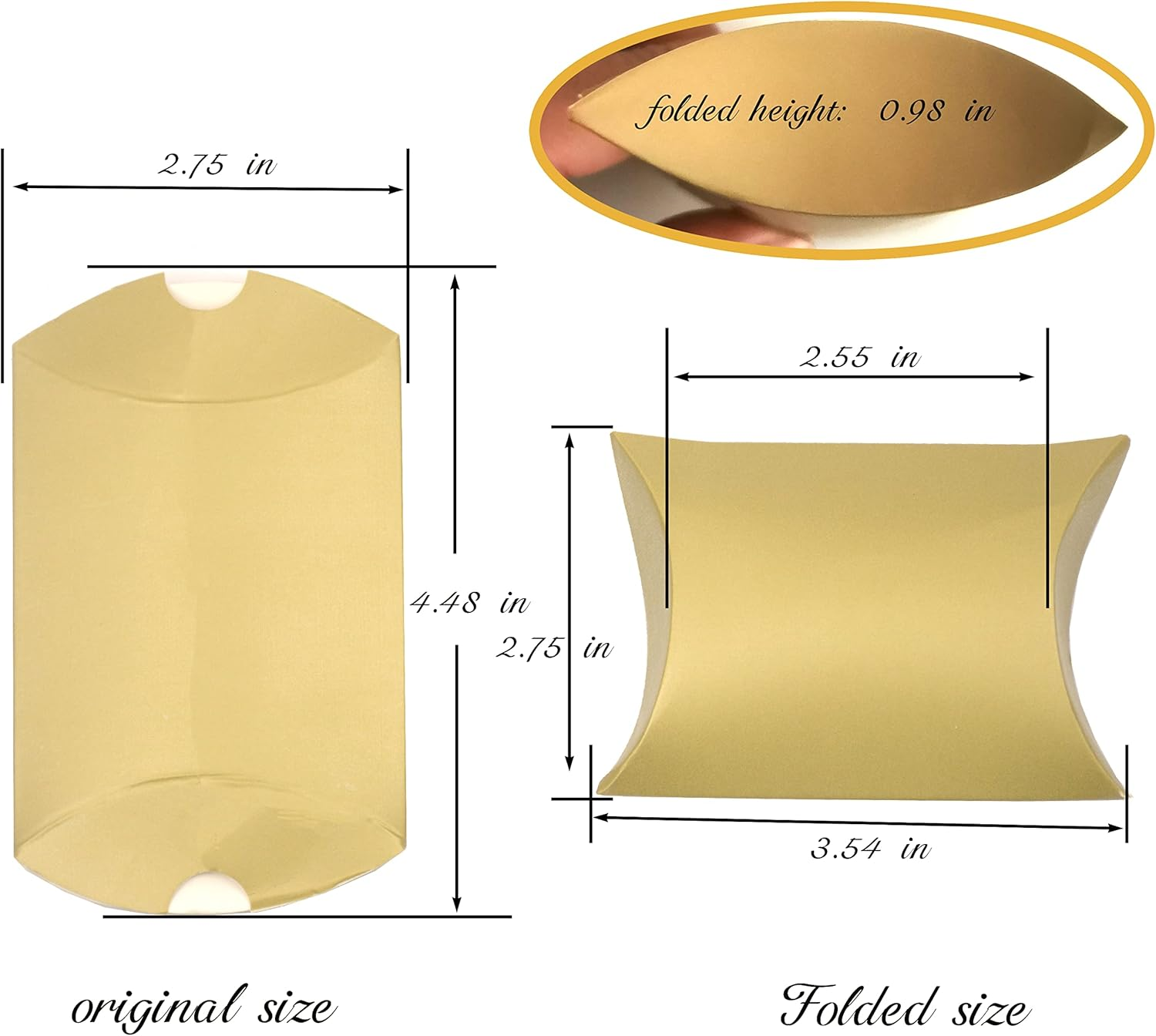 Aokbean 100 Pack Mini Pillow Candy Box Small Gift Boxes with 50 Yards Ribbon for Christmas Wedding Party Favor Gift, Jewelry or Soap Packaging (Gold) image number 3