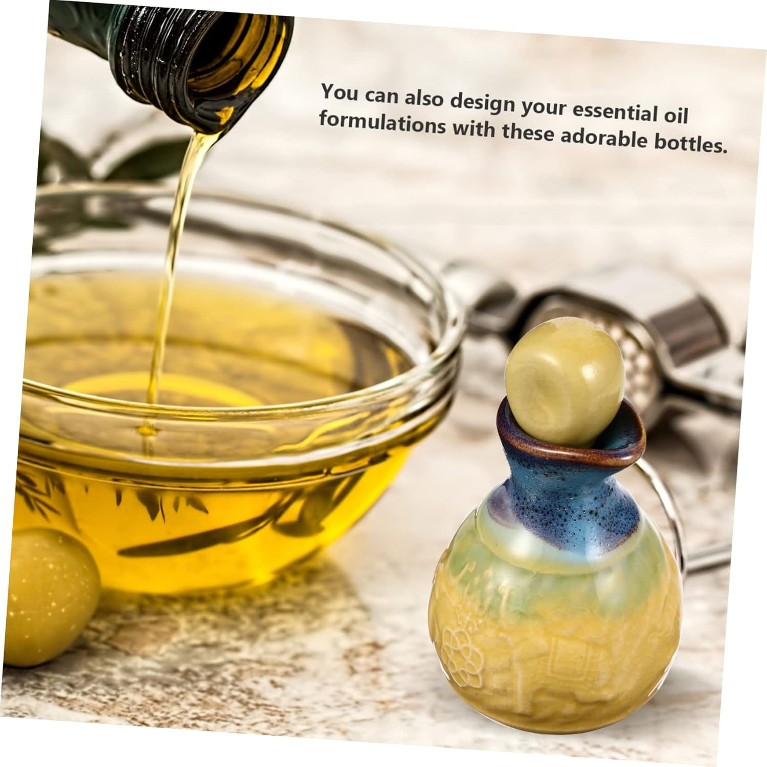 Ceramic Perfume Essential Oil Bottle Wide Mouth Refillable Elegant Decor Essential Oil Flask for Aromatherapy - Blue image number 2