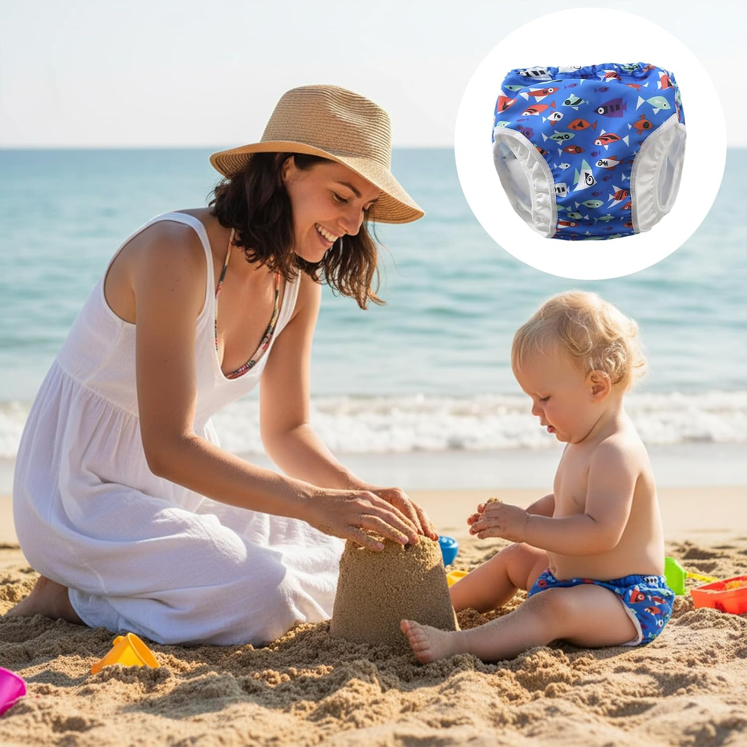 Baby Swimming Diapers,Reusable Swim Nappy, Blue Fish without Lace Newborn Nappies,Breathable and Comfortable, Washable Training Pants with Elastic Waist, Suitable for Swimming Activities(Xl) image number 4