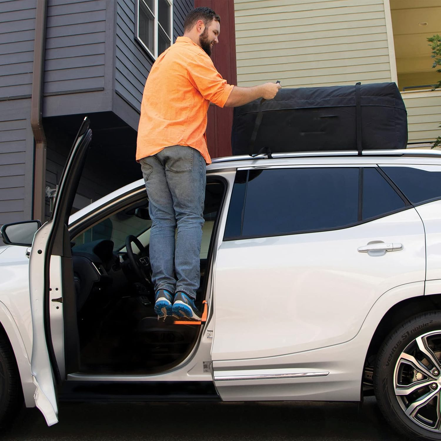 Door Step Car Door Step Foldable Car Door Folding Ladder with Safety Hammer Head Easy on Car Roof and Roof Rack, Universal Door Step Pedal (Orange)