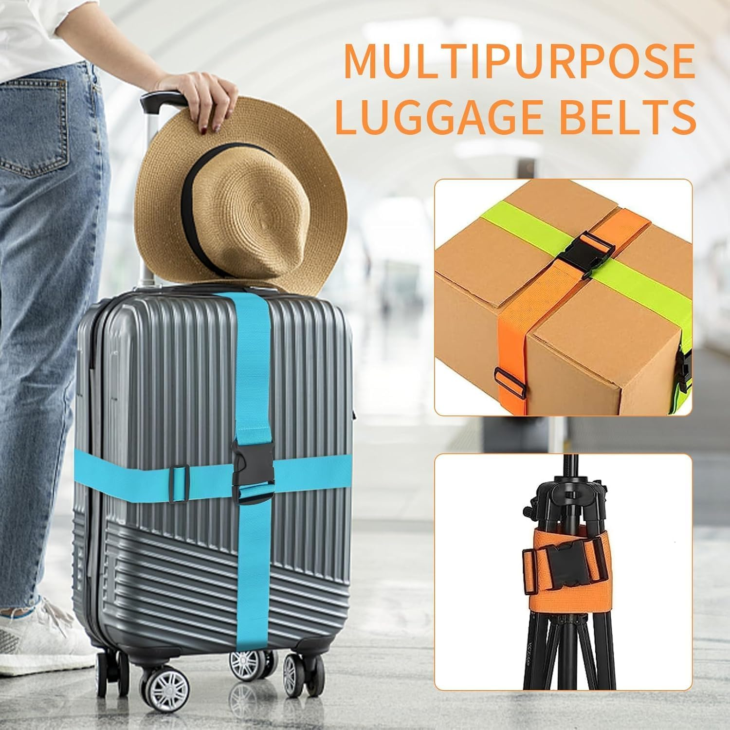 MKUCCD 8PCS Silicone Luggage Wheel Protective Covers and 4 Pack Luggage Straps 1.85M Long, Belts Keep Suitcase Secure While Traveling (Green/Orange) image number 2