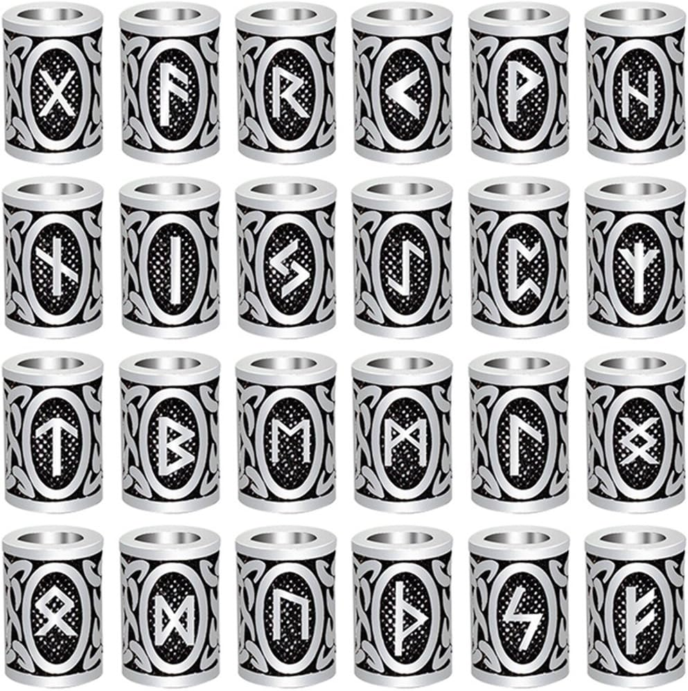 24Pcs Norse Vikings Runes Hair and Beard Beads for Bracelets, Pendant Necklace DIY - Antique Silver Viking Braiding Beads Kit with 2Pcs Pull Hair Pin image number 2