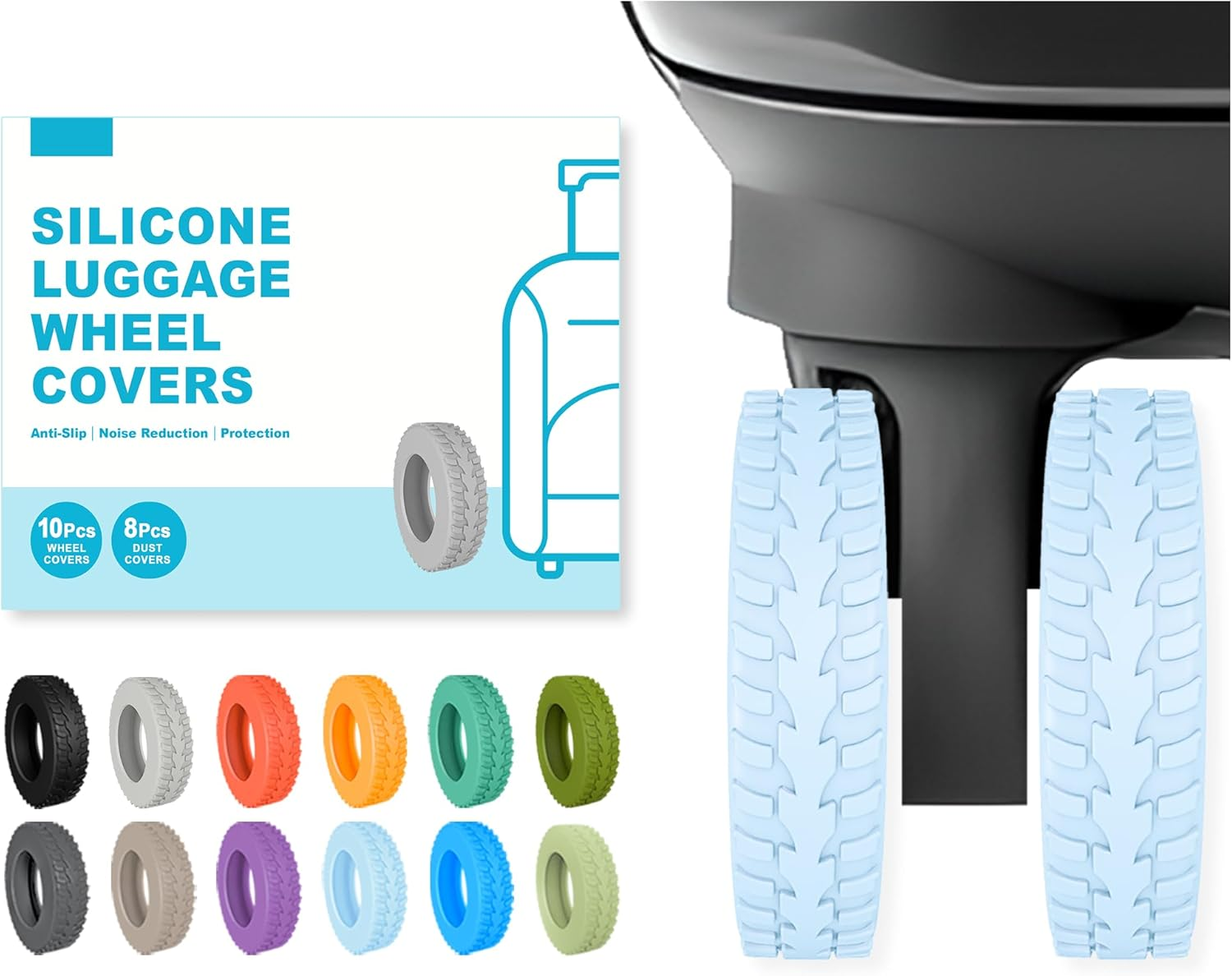 10-Pack Upgrade Silicone Luggage Wheel Protectors Covers for Suitcases &ndash; Universal Fit 2-2.4 Inch Spinner Wheels, Wear-Resistant Noise Reducing Travel, Black, for 2-2.4" Spinner Wheel