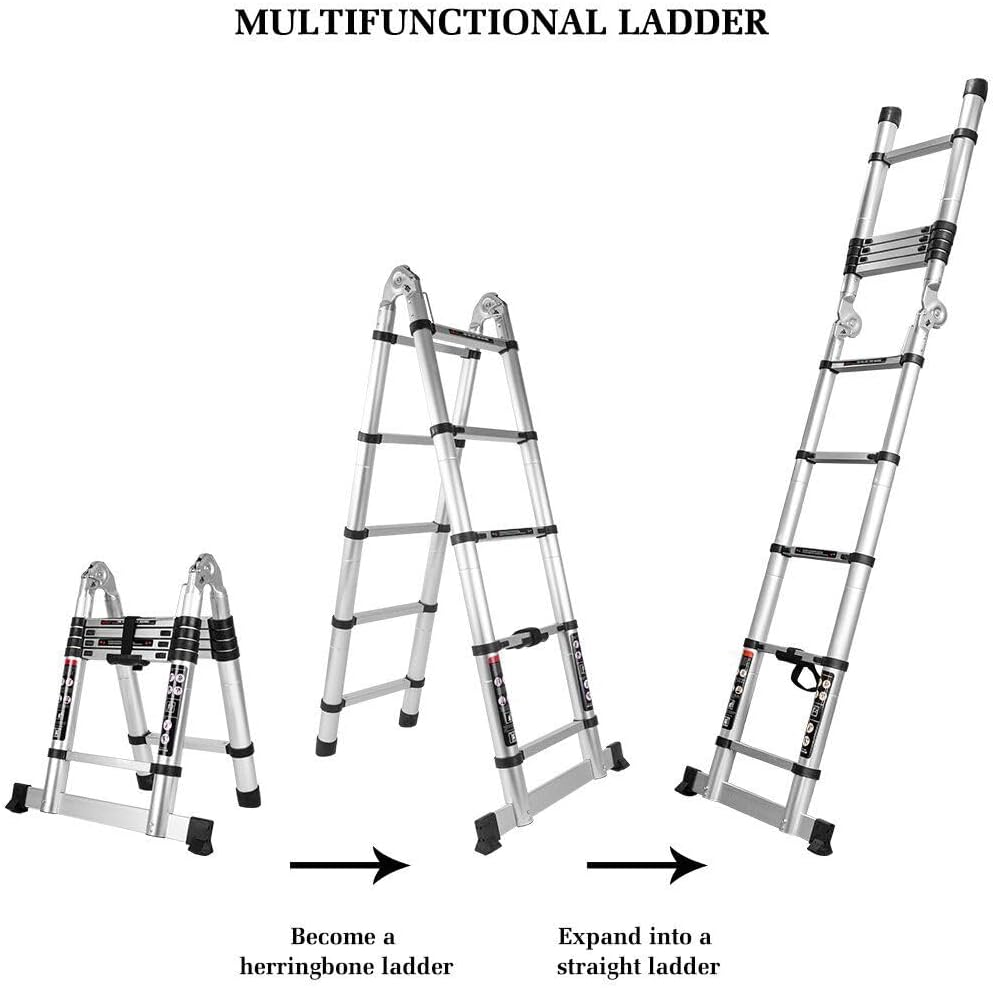 3.2M/3.8M/4.4M/5.0M Multi-Purpose Telescopic Aluminum A-Frame Ladder, 330 Lbs Capacity, Lightweight, Durable, and Compact for Home and Work (4.4M) image number 2