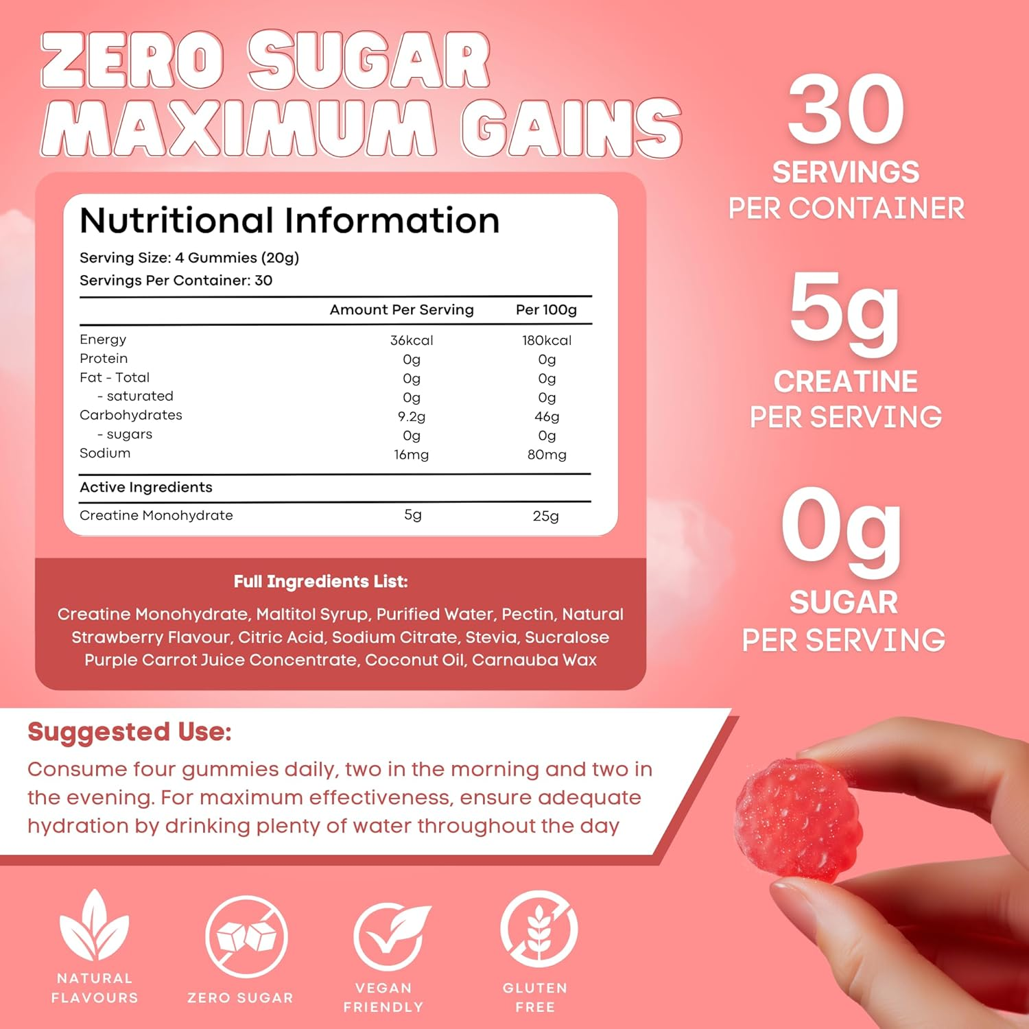 Creatine Monohydrate Gummies for Men & Women, 5G Creatine per Serving | Enhanced Muscle Growth, Strength, Focus and Recovery, Low Calorie, Sugar Free, No Artificial Colours - Strawberry Burst Flavour 120 Gummies image number 3