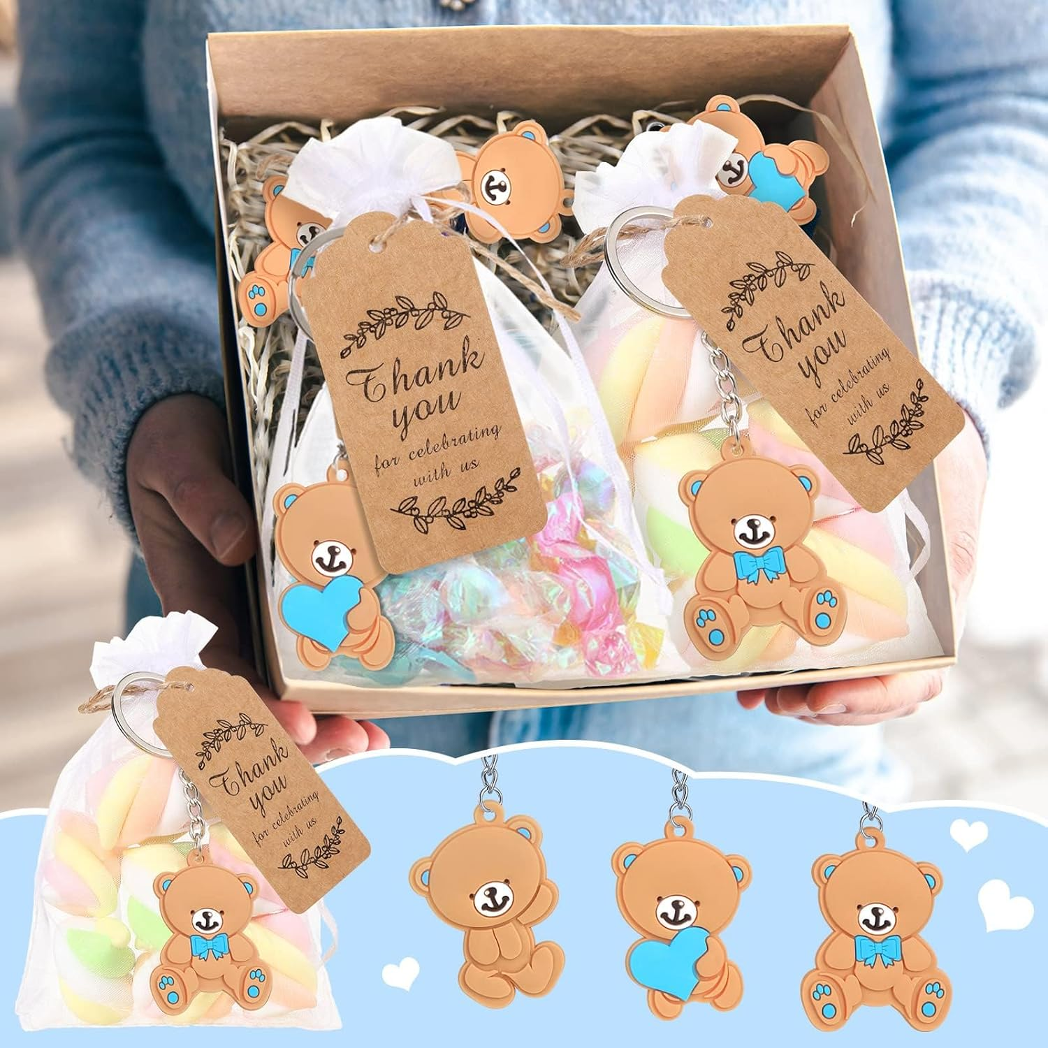120 Pcs Bear Baby Shower Favors Bear Party Favors, Cute Keychain with Organza Bags Thank You Kraft Tags and Rope for Guests Girls Boys Birthday Party Supplies Decorations (Blue, Cute) image number 2