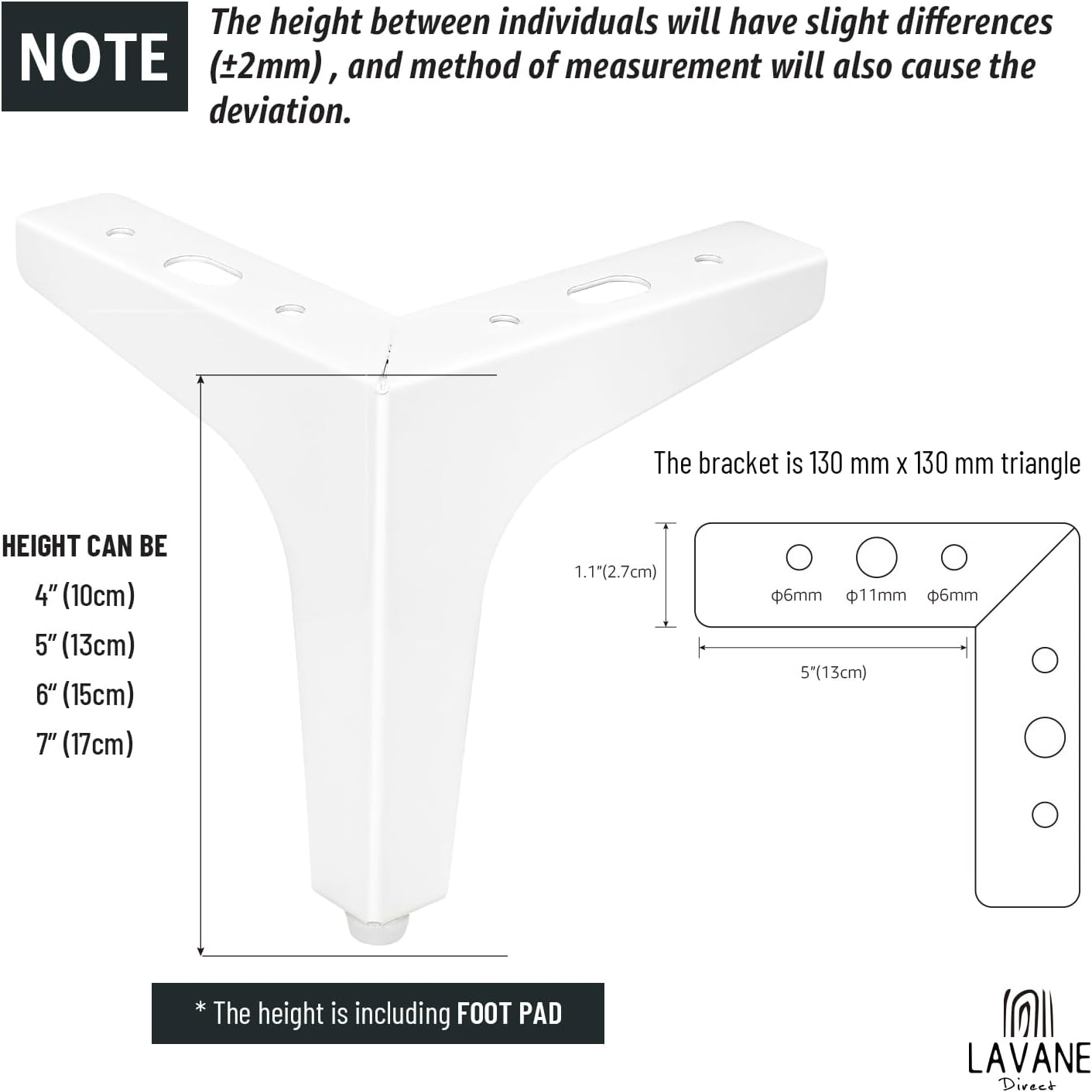 La Vane 5 Inch / 13Cm Metal Furniture Legs, Set of 4 - Modern Diamond Triangle White DIY Replacement Feet Corner Legs for Cabinet, Sofa, Sideboard, Couch, Dresser Makeover image number 3