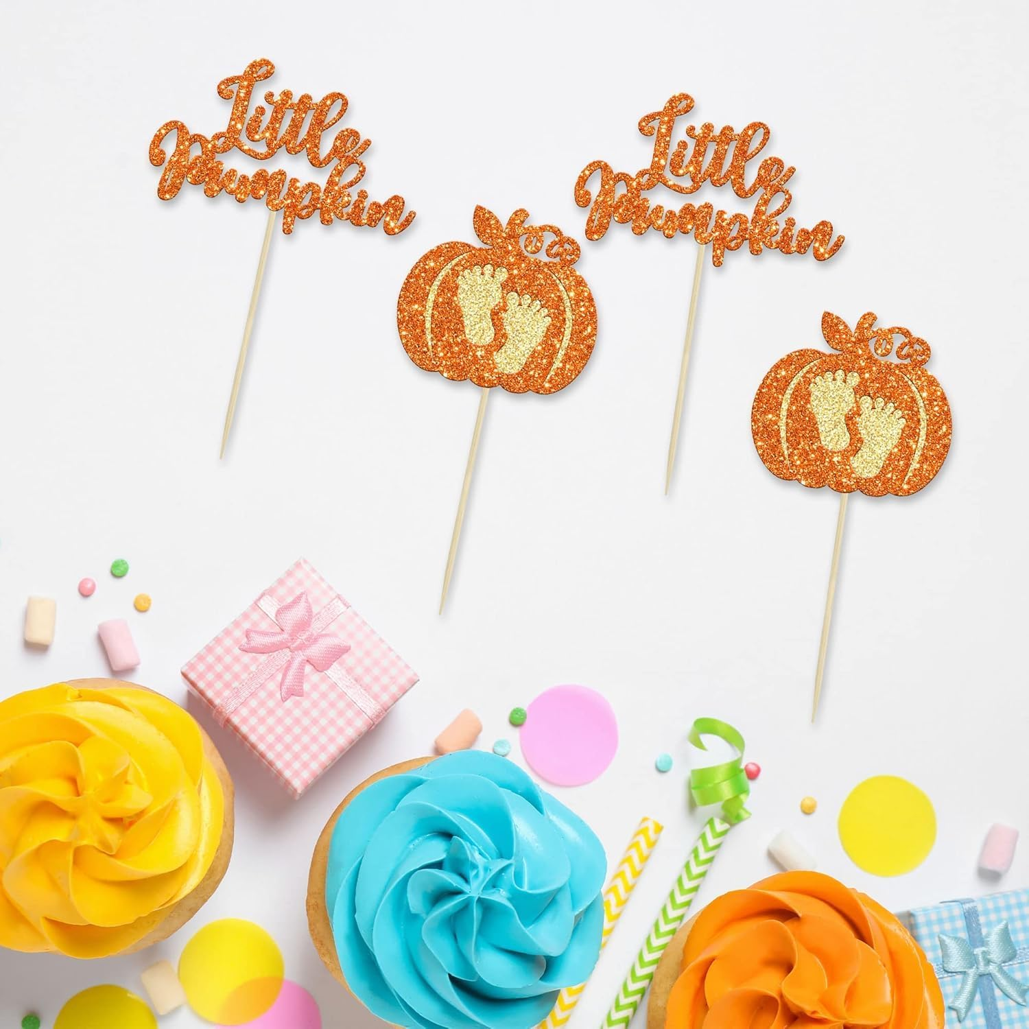 Confetti! 24-Pack Glitter Pumpkin Cupcake Toppers - Little Pumpkin Picks for Baby Showers, Kids' Birthdays, and Fall Harvest Parties - Perfect Autumn Party Supply Decorations image number 1