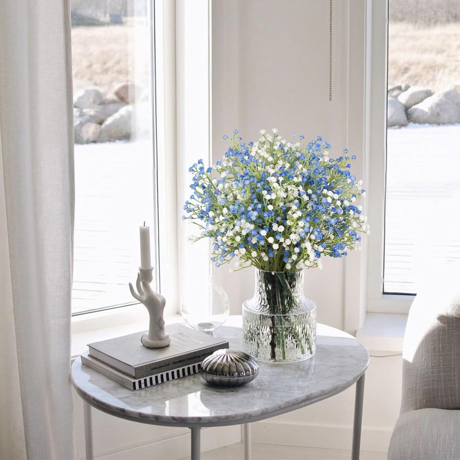 10Pcs Artificial Breath Flowers Fake Real Touch Flowers for Wedding DIY Wreath Table Centerpieces Floral Arrangement Home Decor(White&Blue) image number 3