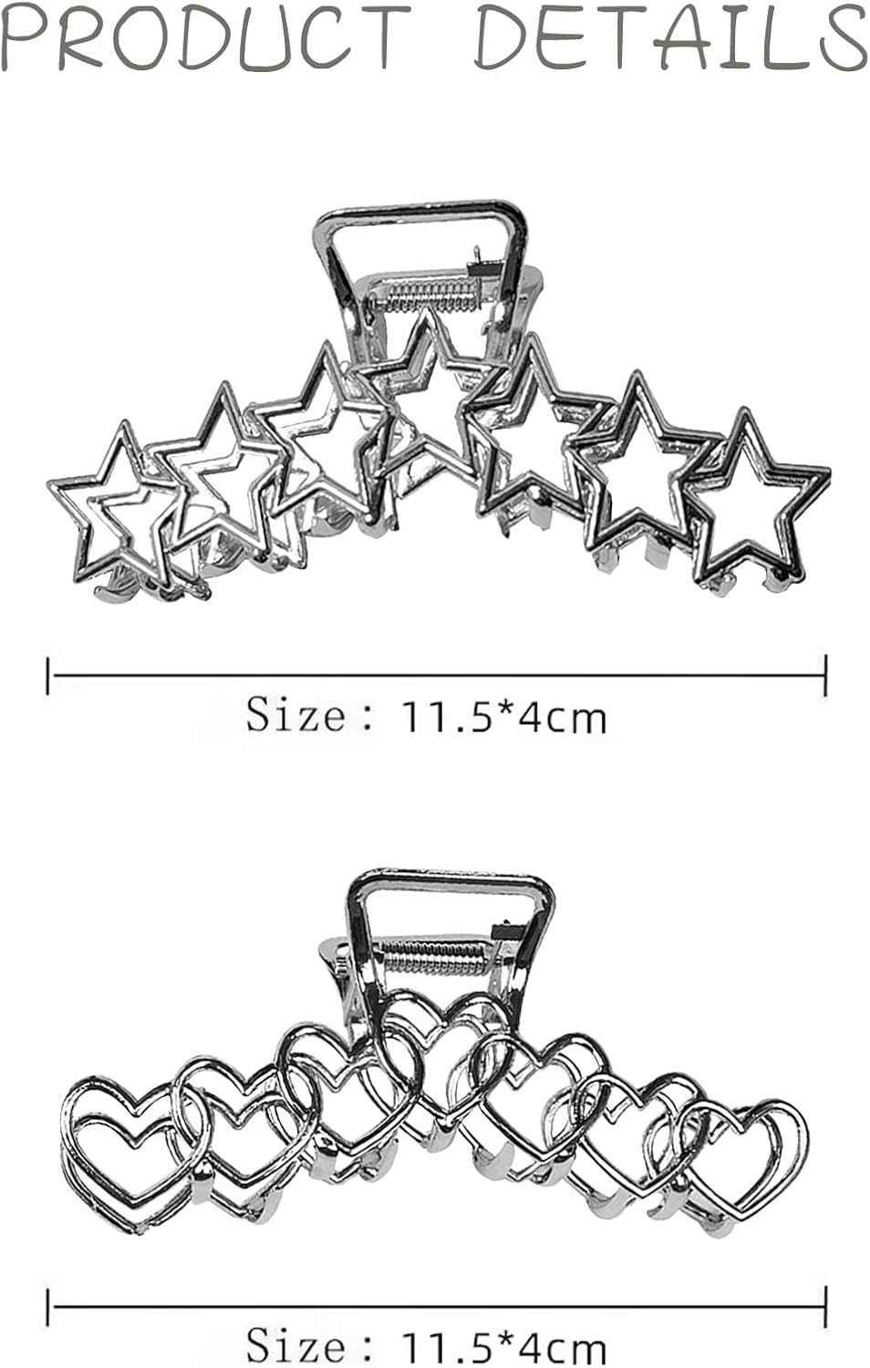 VOTACOS 2PCS Y2K Metal Hair Claw Clips Star Heart Hair Clips for Women Big Nonslip Design Claw Hair Clips for Thick and Thin Hair Stitching Silver Large Hair Accessories for Women and Girls. image number 5