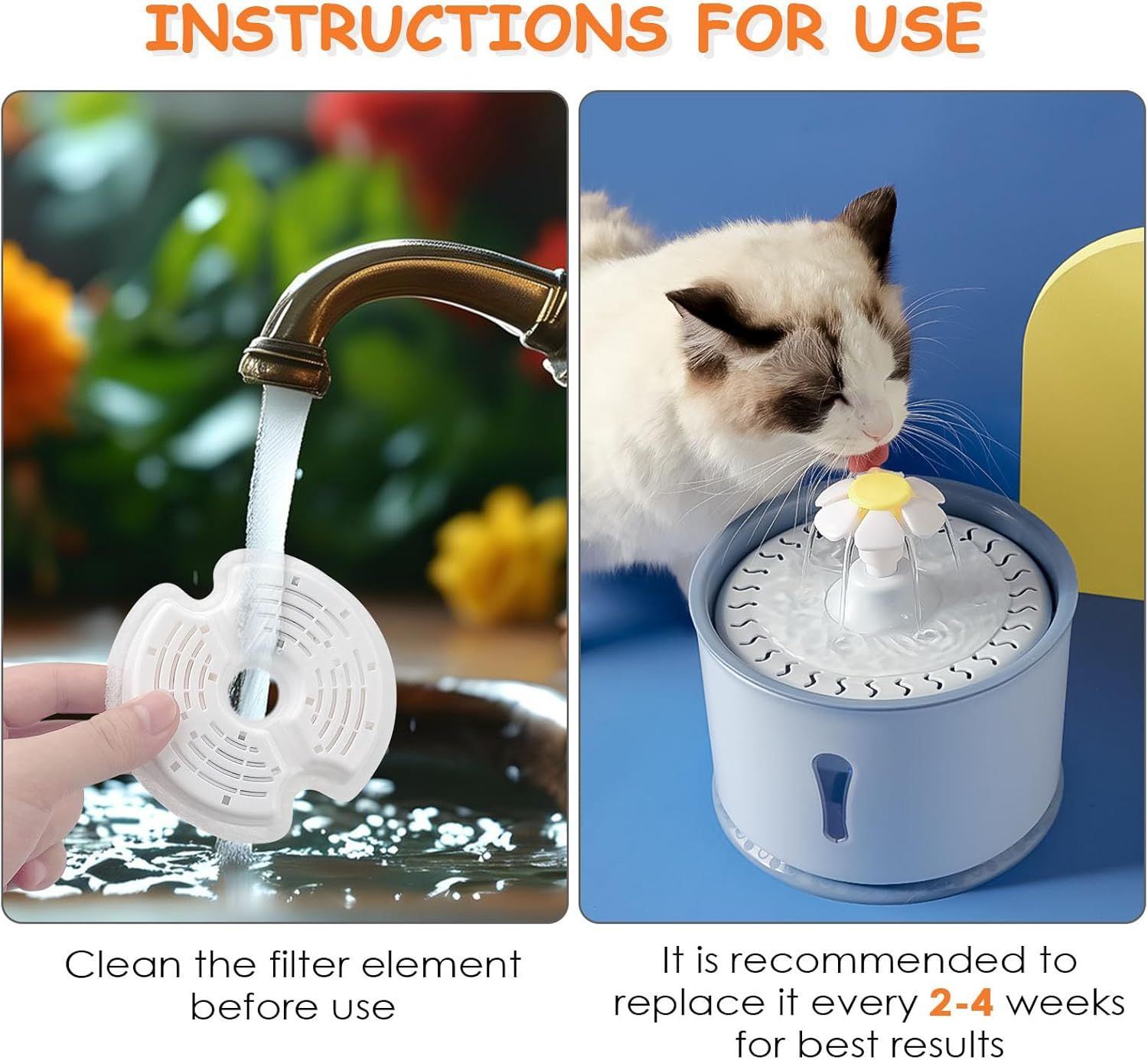 Dunkwckore Pack of 4 Cat Fountain Filters for Cat, Replacement Filter for Drinking Fountain Cats and Dogs, Drinking Fountain Filter for 2L & 2.5L, Triple Filtering, Cotton Activated Carbon & Resin Cat