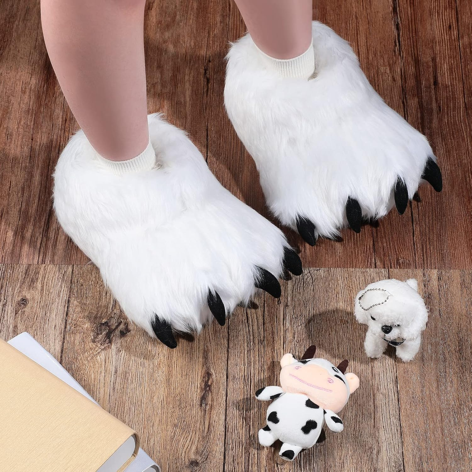 Winter Animal Paw Shoes Funny Fluffy Bear Slippers Plush Bear Shape Paw Claw Non Slip Slippers Unisex Cute Costume House Shoes for Christmas Birthday Party Cosplay, Women 6.5-8.5, Men 6-7, Black and White image number 1