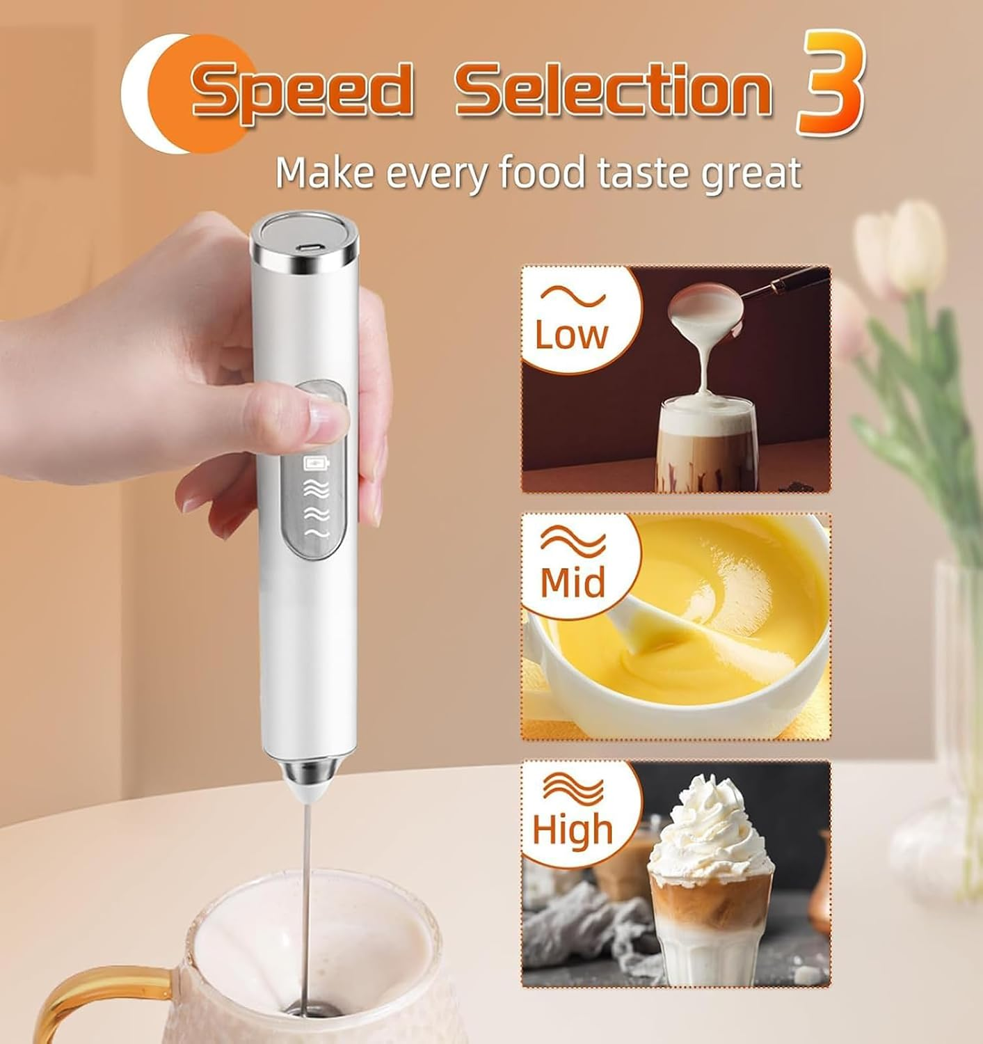Milk Frother Handheld Rechargeable with Stand, Multi-Function Coffee Frother with 3 Stainless Steel Whisks 3 Speeds,Whisk Foam Maker for Coffee, Lattes, Cappuccino, Matcha, Hot Chocolate & Creamer - Black image number 2