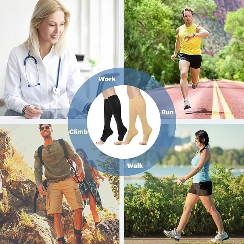 Open Toe Compression Socks (15 - 20 Mmhg, Knee High) for Men & Women,Flight & Travel Socks for Circulation Support(2 Pairs,Xxl) image number 3