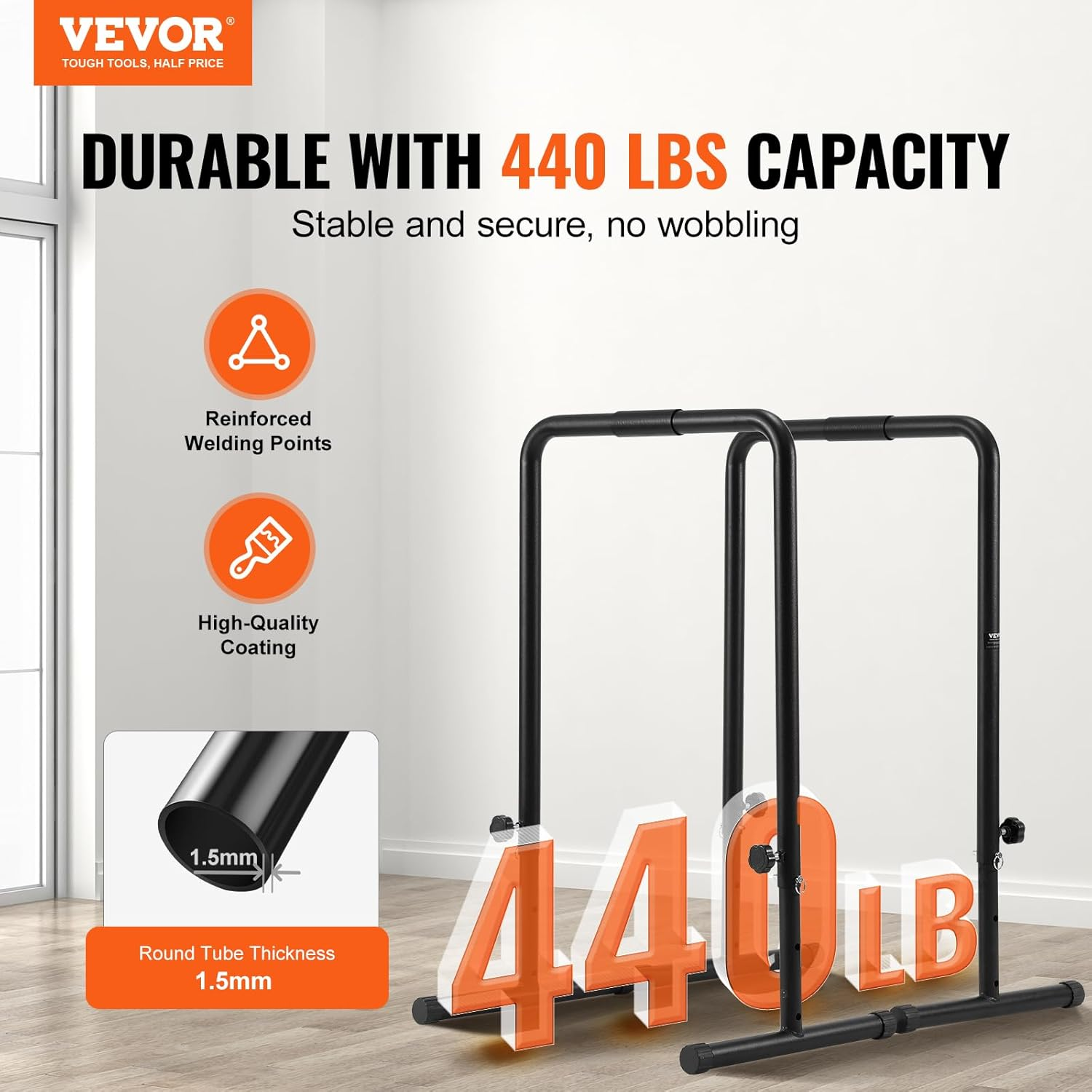 VEVOR Dip Bars, 200 Kg Capacity, Heave Duty Dip Stand Station with Adjustable Height, Fitness Workout Dip Bar Station Stabilizer Parallette Push up Stand, Parallel Bars for Strength Training Home Gym image number 1