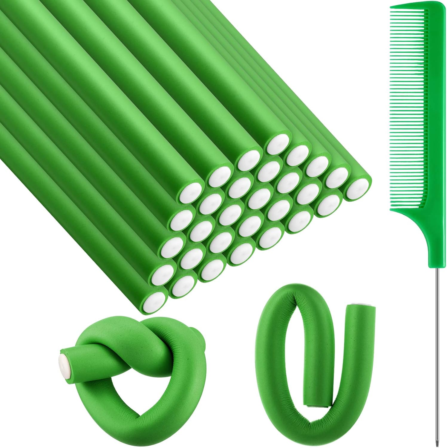 Syhood 30 Pcs 7'' Flexible Curling Rods Twist Foam Hair Rollers Soft Foam No Heat Hair Rods Rollers and 1 Steel Pintail Comb Rat Tail Comb for Women Long Short Hair(Red,7 X 0.3 Inch)