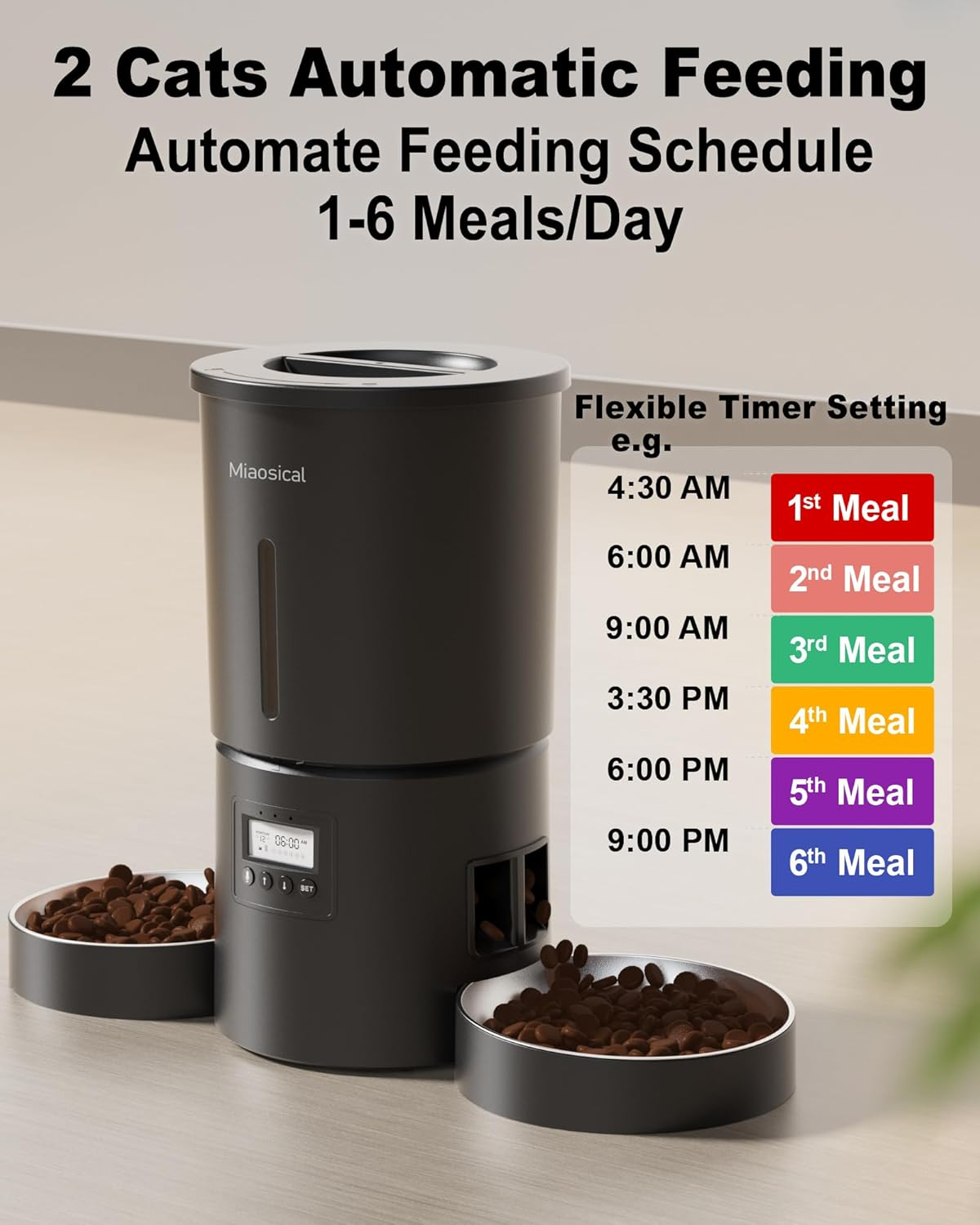 Miaosical Automatic Cat Feeder for 2 Cats,4.2L Flexible Schedule,6 Meals/Day,1-12 Portions/Meal,Dual Power Auto Dual Pets Feeder Dry Food Dispenser,10S Voice Record (Black,4.2L+Basic 2 Bowls) image number 7