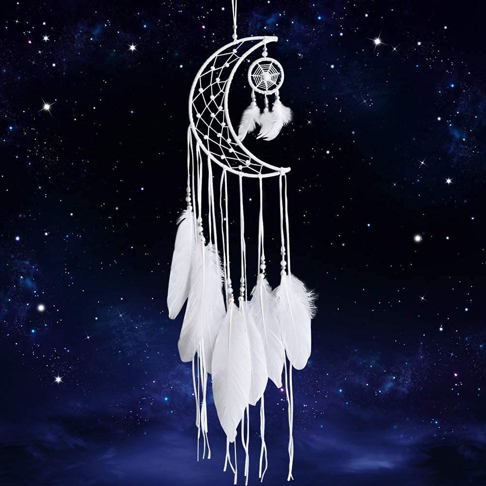 Dream Catcher Handmade Moon Design with Feathers Dreamcatcher Wall Hanging Home Decoration Ornament Christmas Festival Craft for Bedroom Living Room Outdoor(White Moon) image number 4