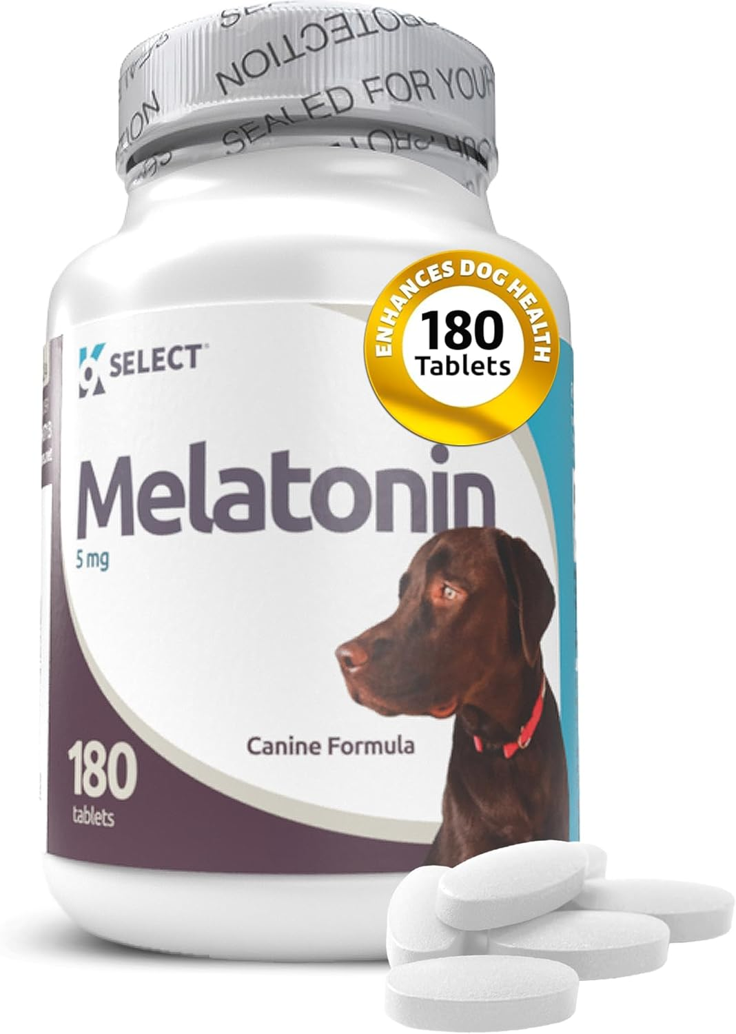 K9 Select Melatonin for Dogs - Calming Aid Tasty Dog Supplement - Helps Overall Health with Quiet Moments and Composure - Reduce Stress Calming Treats for Large Dogs - 5 Mg, 180 Tablets