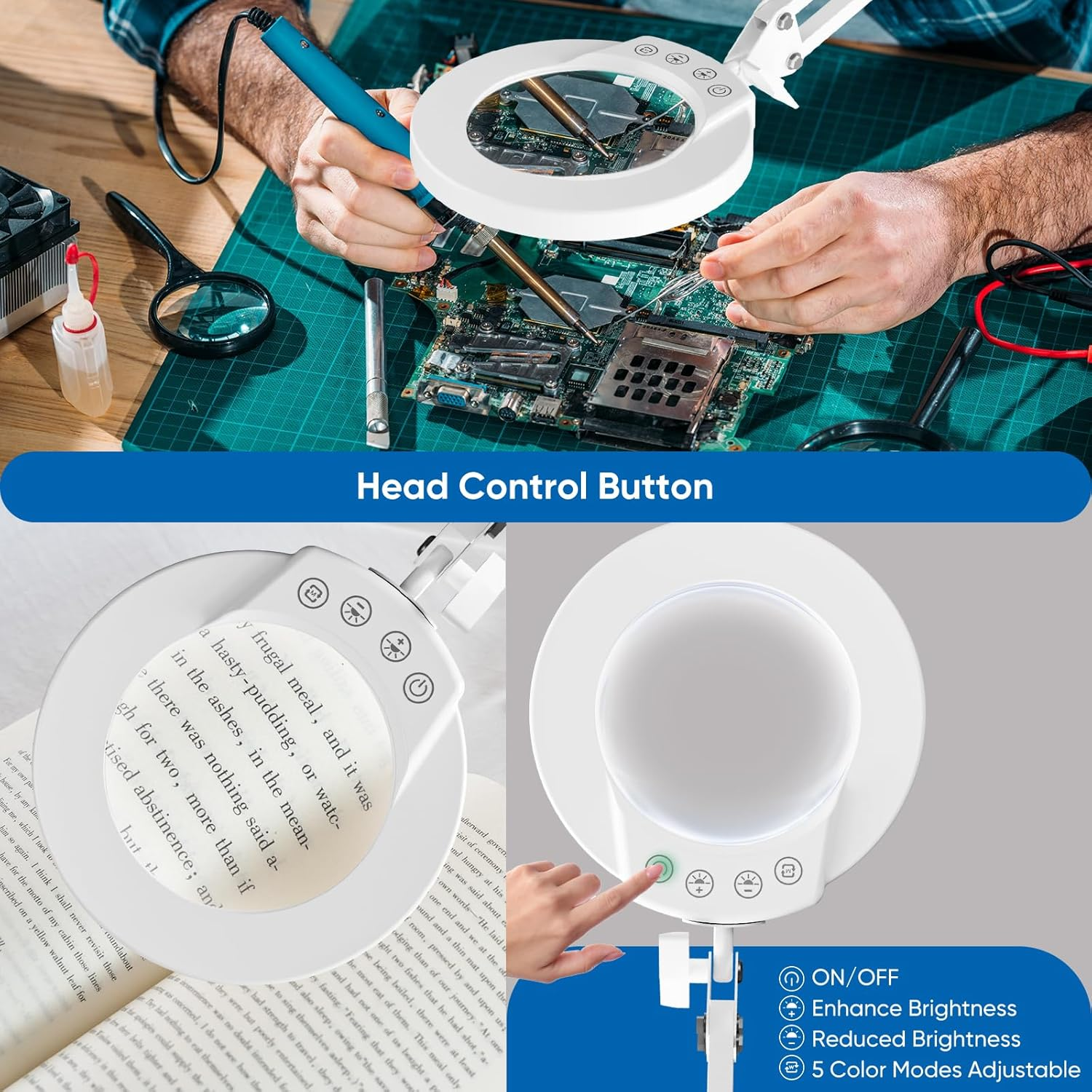 10X Magnifying Glass with Light and Clamp, Real Glass Lighted Magnifier with 5 Color Modes & Stepless Dimmable, Hands Free Desk Lamp for Hobbies, Crafts, Reading and Close Work (White) image number 5