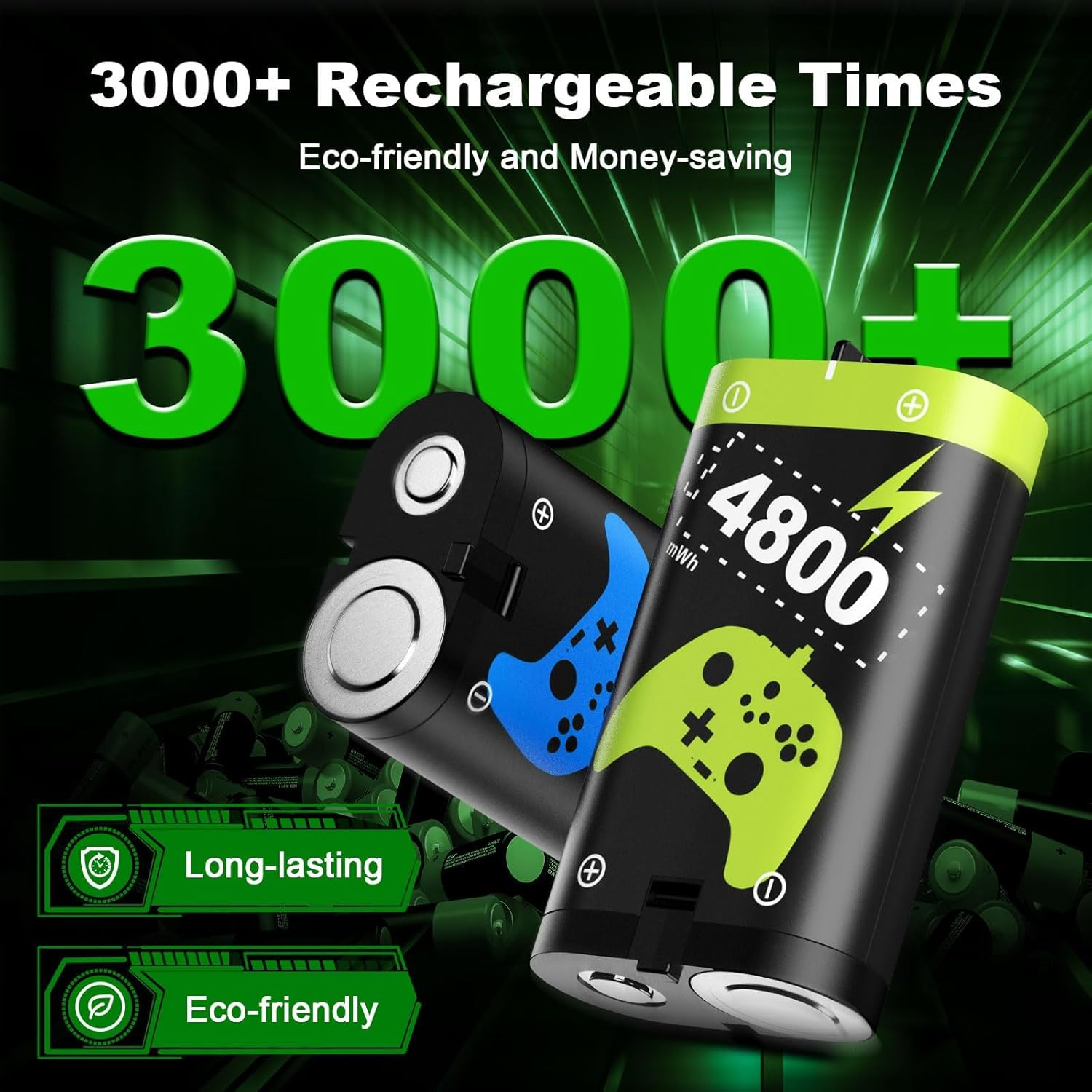 QIQIAZI Rechargeable Battery Packs for Xbox Series X|S/One, 4 X 4800Mwh Xbox Controller Battery Packs, Rechargeable Batteries with Charging Dock for One/S/X/Elite image number 2