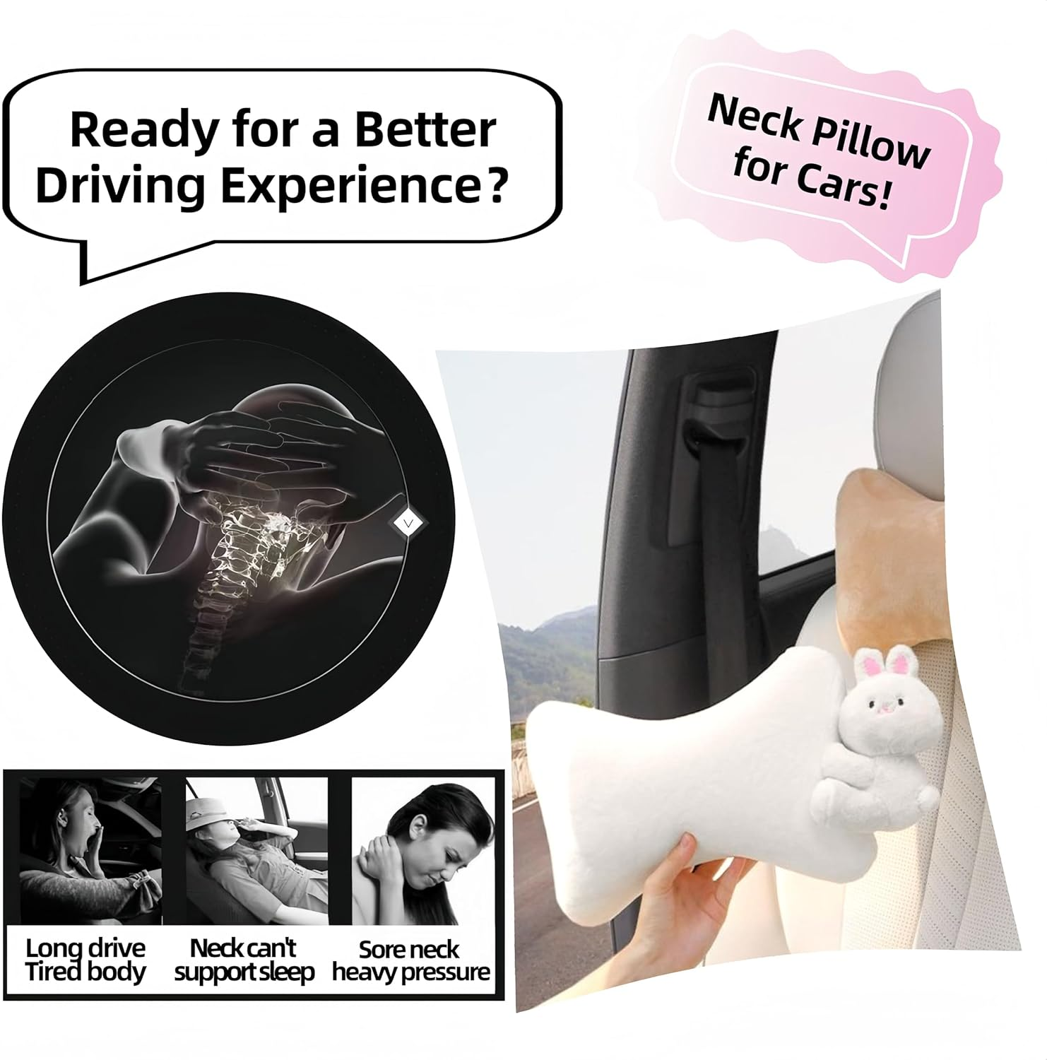 Car Headrest Pillow 2PCS Plush Bear ＆ Bunny Car Seat Headrest Pillow - Memory Foam Neck Support Cushions for Comfortable Driving, Easy Install & Washable (Bear+Rabbit) image number 3