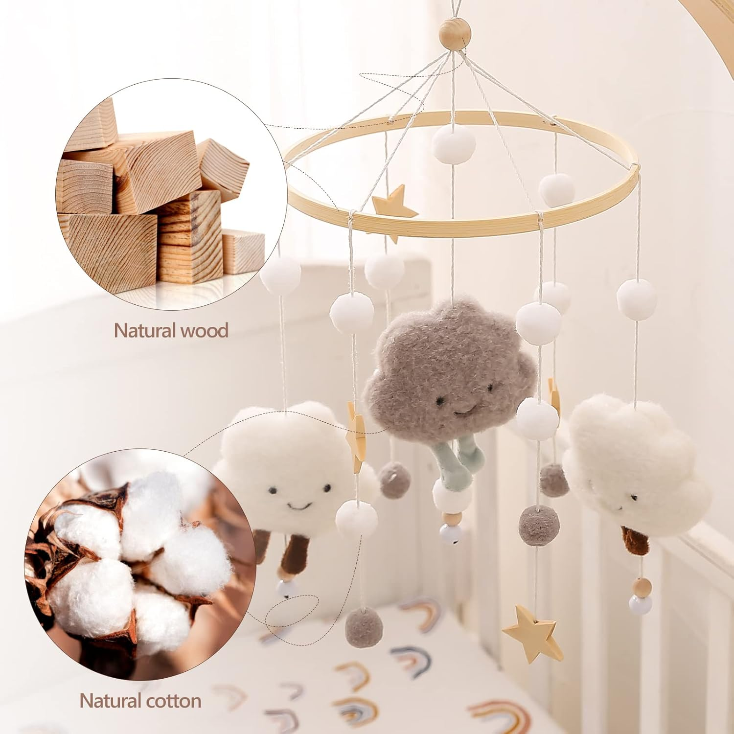 Promise Babe Wooden Crochet Mobile with Felt Balls Clouds Stars for Baby Room Decoration - Grey - Blue Clouds image number 6