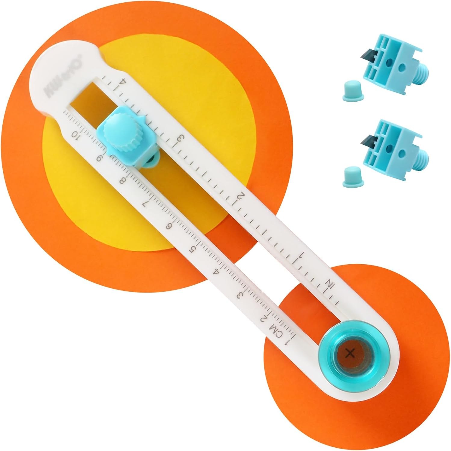 Kw-Trio Circe Cutter for Paper Crafting Circular Cutter Tool Rotary Compass Circle Cutter Adjustable Cutting Diameter Ranges from 3/4 in to 8 in (Cyan & White, Mini) - Mini + 2 Replacement Blades