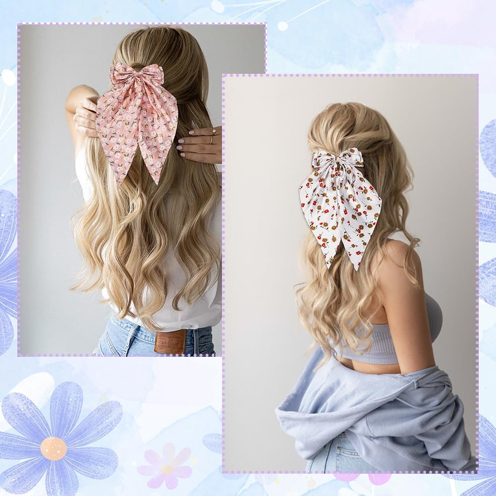 SOFPLATE 1 Box 5 Styles Women'S Hair Bow Coquette Bows Large Quantity Soft Ribbon Long Tail Floral Pattern Spring Butterfly Sun Flowers Bow Hair Clips for Women Everyday Wear image number 1