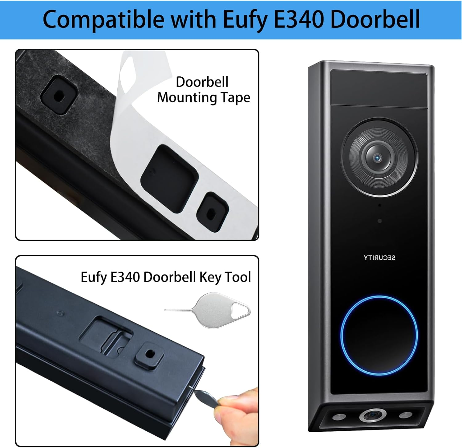 No Drill Doorbell Mount Double Sided Stick Tape Compatible with Eufy Doorbell E340/C31, Anti-Theft Door Mounting Bracket, 5 PCS Adhesive Door Mount and 1 Pcs Doorbell Key Replacement Tool image number 4