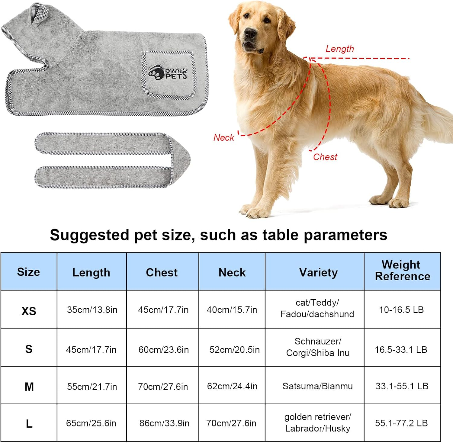 Ownpets Dog Bathrobe Towel, Super Absorbent Soft Dog Drying Robe with Cap & Pocket for Bathing & Beach Trips, Microfibre Fast Drying Dog Towel Robe for Dogs and Cats(Large) image number 5