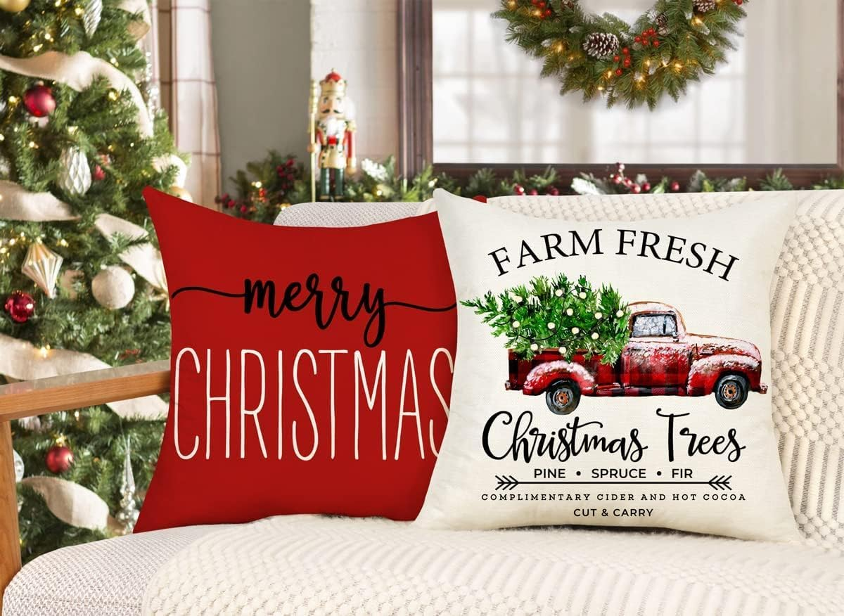 ALINK Christmas Pillow Covers 18X18 Set of 4 Farmhouse Christmas Decorations Merry Christmas Tree Truck Hello Winter Holiday Decor Throw Cushion Cases for Home Couch (Red) image number 4
