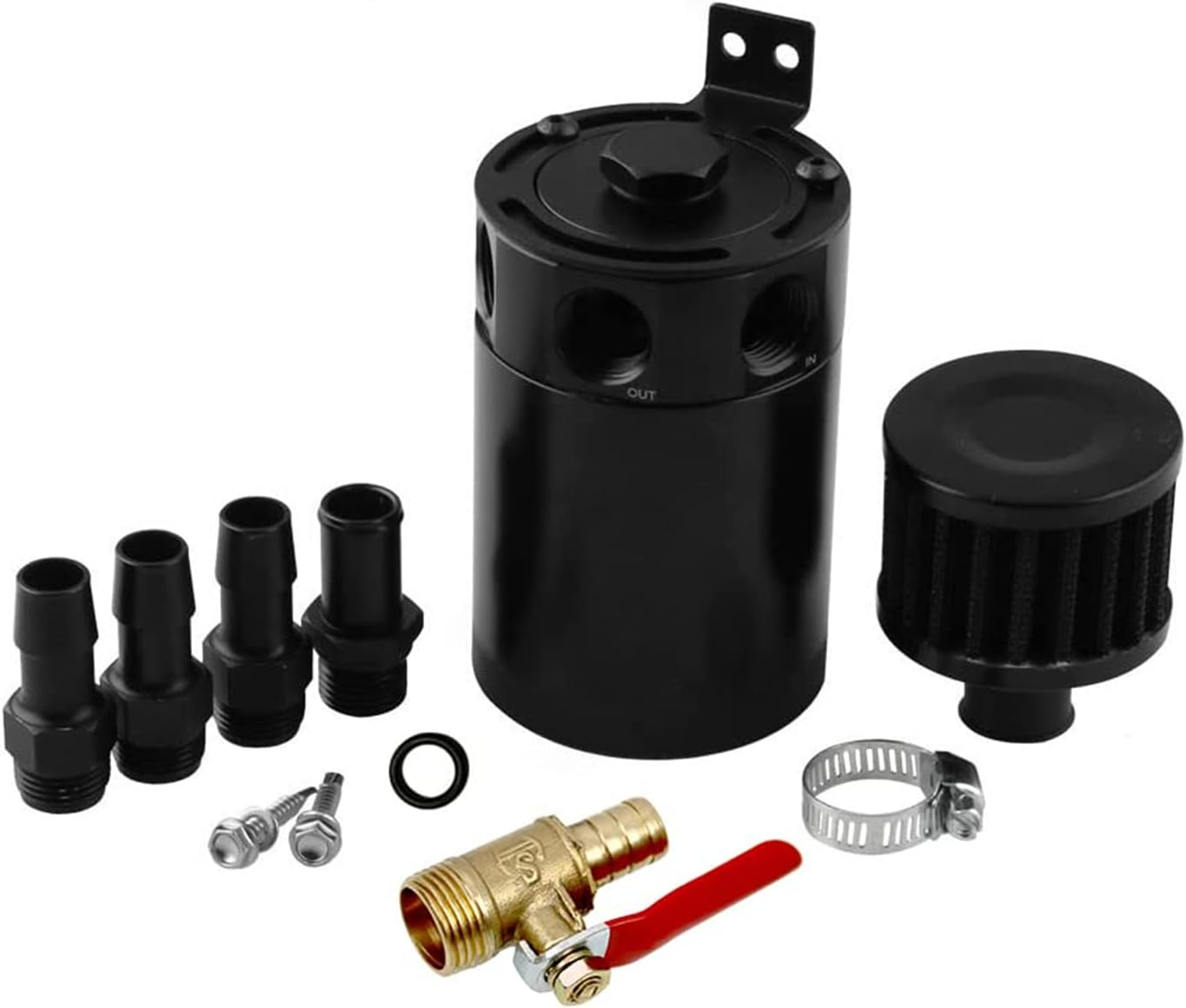 Sporacingrts 3 Port Oil Catch Can, 1 Oulet + 2 Intlet Compact Baffled Engine Oil Reservoir Tank with Breather Filter + Drain Valve