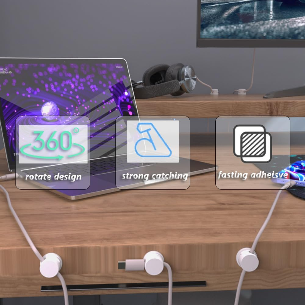 Rotatable Cable Management Clips, 6 Pack Cord Organizer Holder, Strong Adhesive Desk Cable Management, Phone Charging Cords Organizer Neatly for Home,Office,Car,Desk,Nightstand