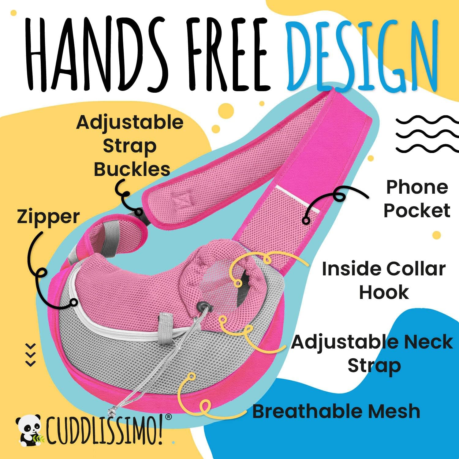 Panda Pets - Small Dog Cat Sling Pet Carrier Bag - Pink - up to 4.5Kg - Breathable, Durable - Hands Free - Secure & Convenient - Machine Washable image number 6