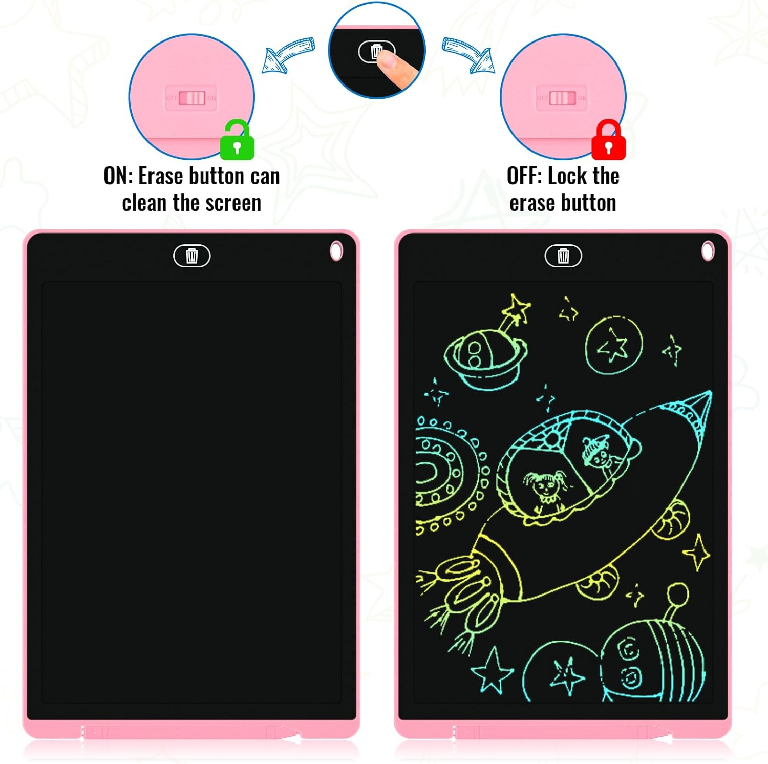 Electight 2 Pack LCD Writing Tablet for Kids, 12 Inch Colorful Doodle Board with Stylus, Eye Care Drawing Board with Lock/Delete FUNC, Portable Drawing Tablet for 3+ Years Old Boys Girls (Pink, Pink) image number 6