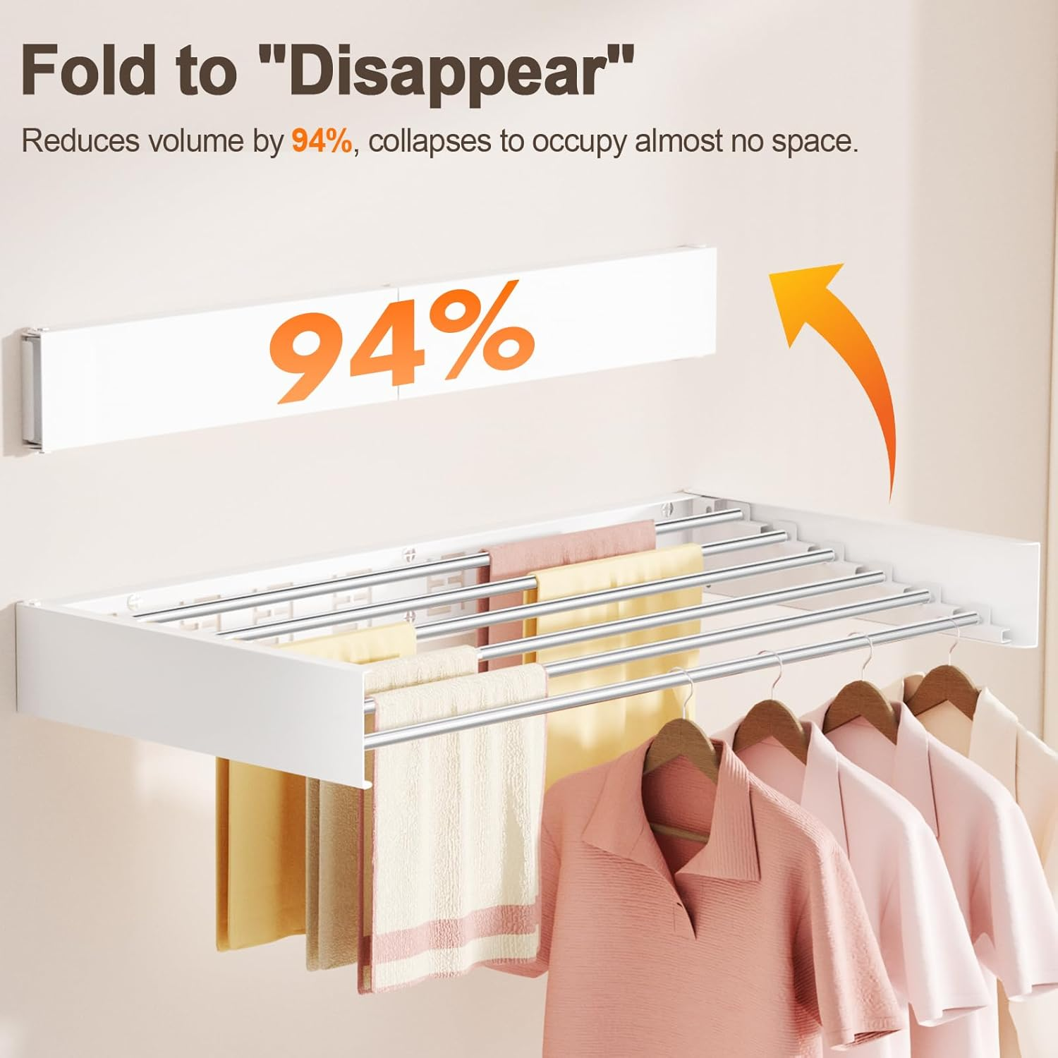 Vasunray Wall Mounted Clothes Drying Rack Folding Indoor, Foldable Laundry Drying Rack Collapsible,Invisible, Space Saving, Retractable Towel Drying Rack, with Wall Template(6 Drying Rods, White 40")