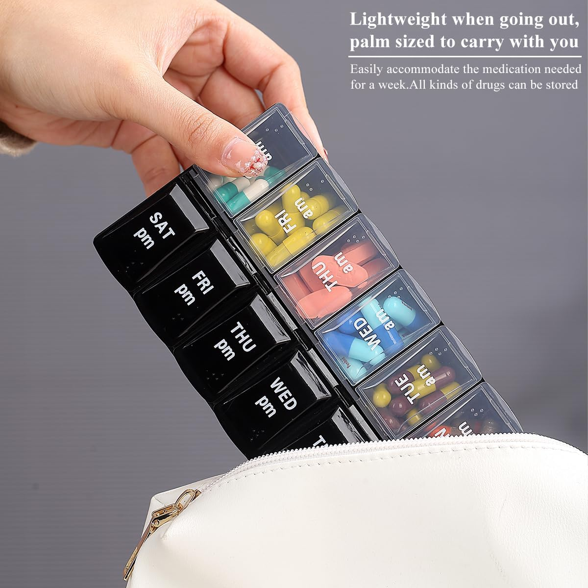 Berglander Pill Organizer 7 Day 2 Times a Day, Large Weekly AM PM Pill Box, Day Night Medicine Organizer, Pill Case 2 per Day, Pill Container Twice a Day Black and White Lid image number 4