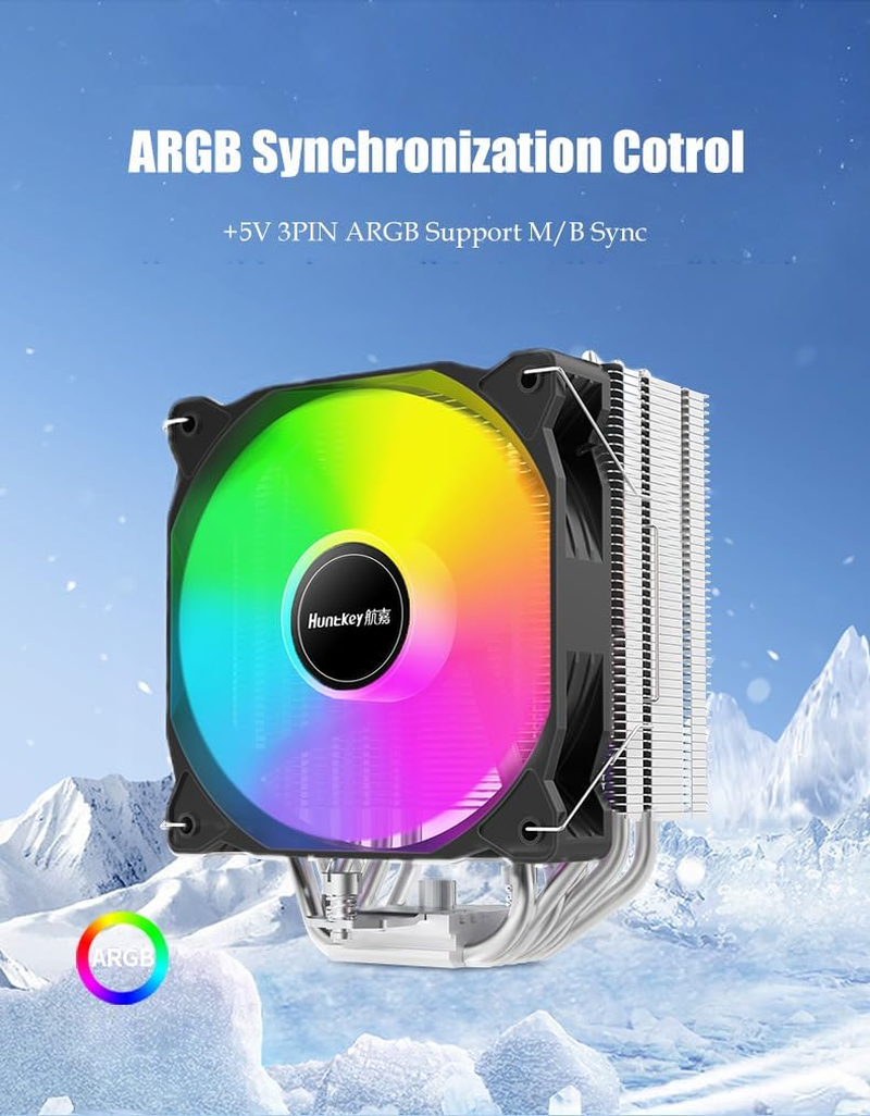 Huntkey Storm T600F CPU Cooler with ARGB Lighting, 6 Copper Heat Pipes CPU Air Cooler with Dual-Fan, Easy Install Each 120Mm 1800RPM PWM 78CFM for Intel LGA1700/1200/1151/1150/1155 AMD AM5/AM4 image number 2