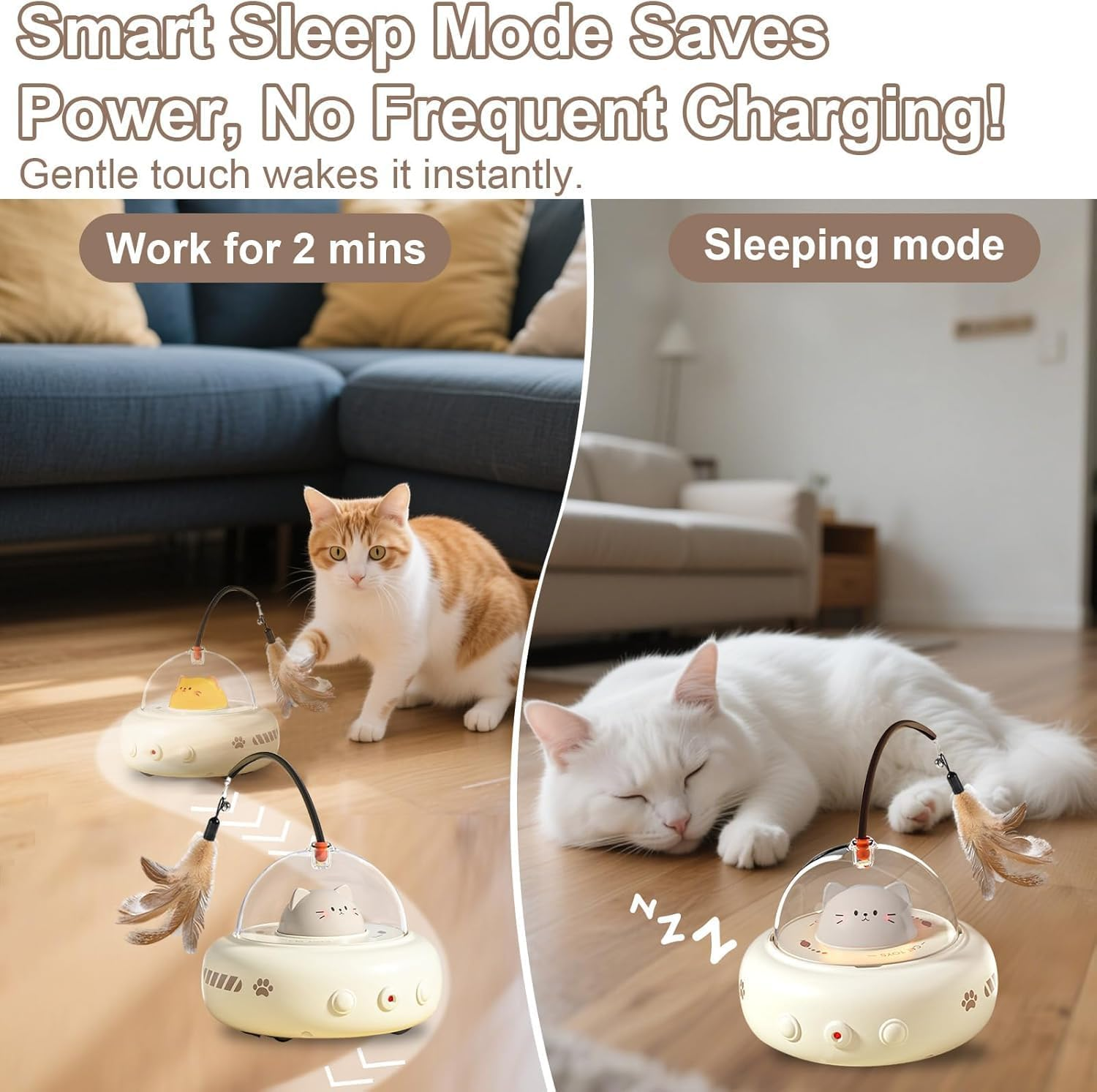 UFO Mia Rechargeable 2‑In‑1 Cat & Kitten Gift Toy with Laser & Feather Wand, Motion‑Activated Random 360&deg; Movement & Auto Sleep Mode &ndash; Interactive Indoor Cat Toy (Beige) image number 5