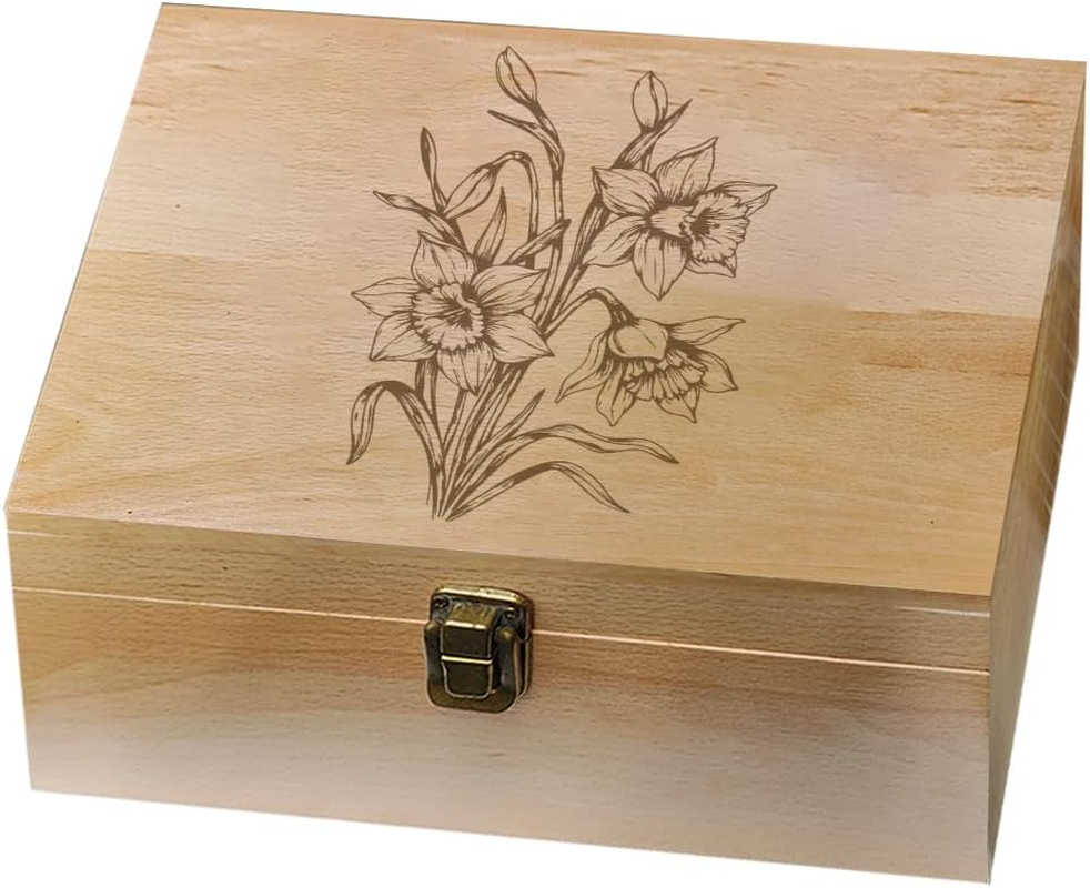 Arricraft 1 Pc Wooden Memory Keepsake Box, Sketch of a Daffodil Pattern Storage Decorative Memory Wooden Box with Hinge Lids for Photos Dvds Letters Holding 24.5X19.5X10.3Cm image number 4