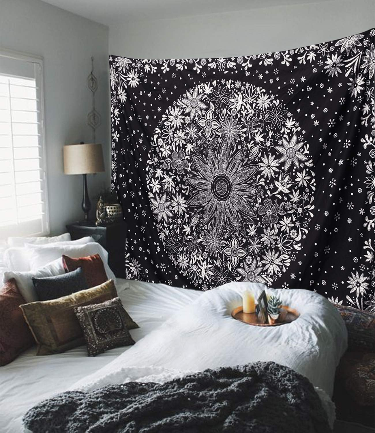 Neasow Bohemian Tapestry Wall Hanging, Black and White Floral Tapestry with Dotted Daisy Medallion Print Bedroom Boho Hippie Home Decor 36&times;48 Inch image number 6