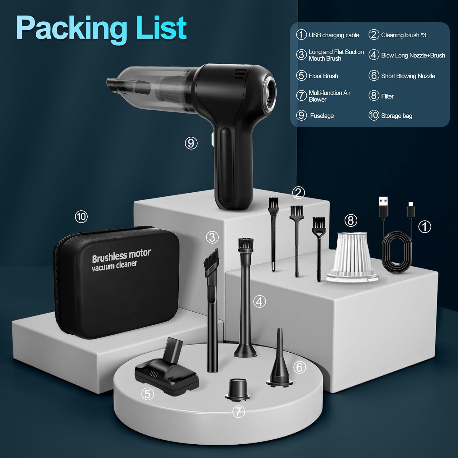 Handheld Car Vacuum Cleaner, 18000PA Suction, Cordless Rechargeable, Type-C Charging, 3-In-1 Design image number 6