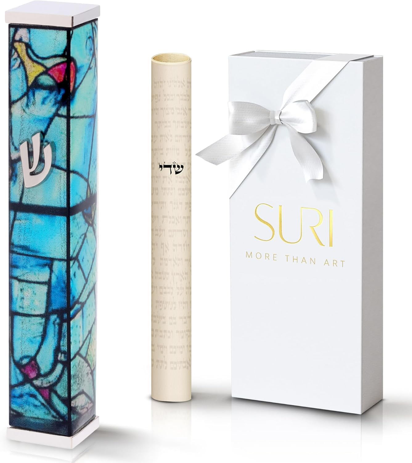 SURI Mezuzah for Door with Printed Scroll inside | 4" Modern Mezuzah Case with Yellow Chagall Design, 24K Gold-Plated Aluminum | Jewish Gift from Israel, Includes Adhesive