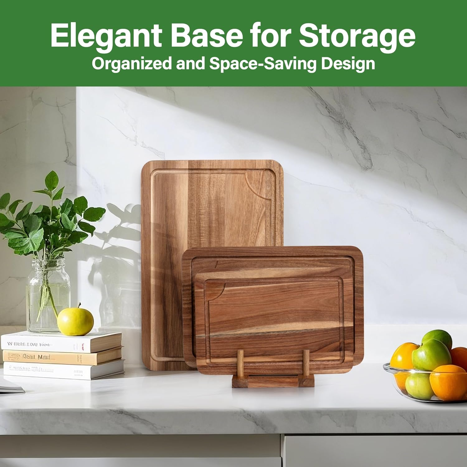 TJ POP Acacia Wood Chopping Board for Kitchen, Wooden Cutting Board Set of 3 with Stand and Juice Groove, Double-Sided Chopping Board Serving Board for Meat, Vegetables, Fruits and Cheese - Acacia Wood (3 Set) image number 5