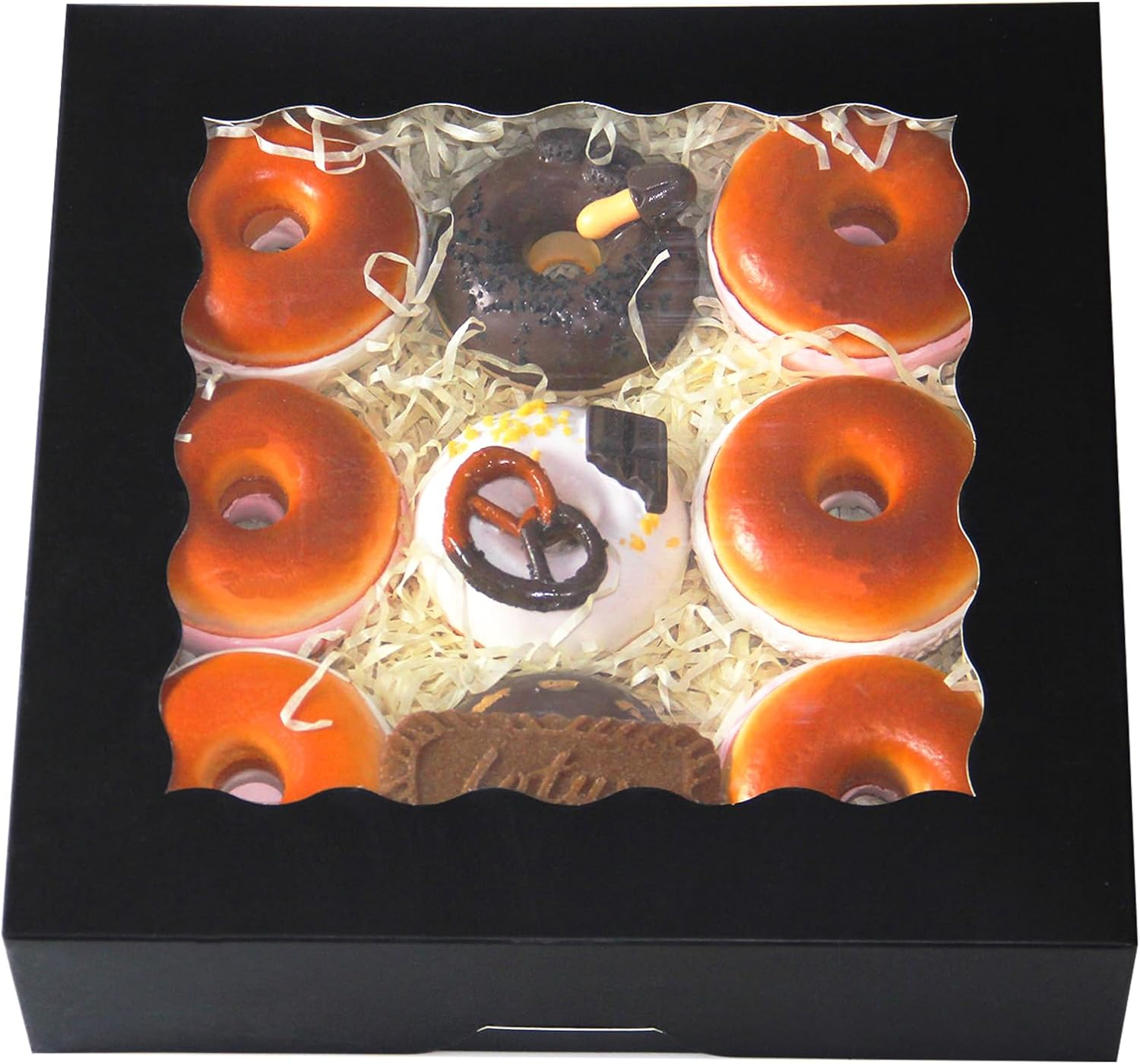 Qiqee Black 12Pcs Bakery Box with Window 20.32X20.32X6.35Cm Donut Pie Boxes Pastry Box(8X8X2.5 Inch,Auto-Pop Up) image number 1