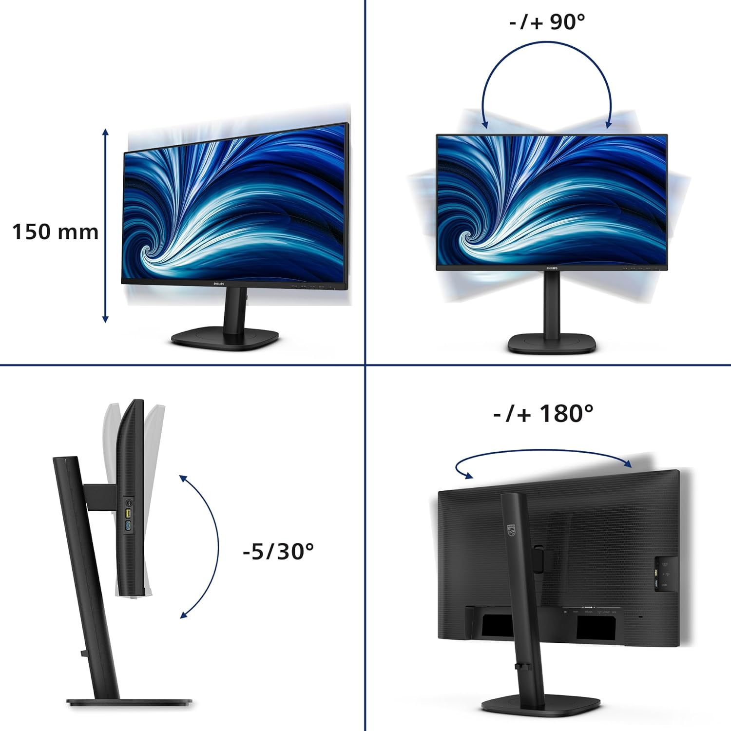 Philips 24B2N3200J - 24-Inch FHD Monitor, Speakers, Height-Adjustable (1920X1080, 120 Hz, VGA, HDMI 1.4, Displayport 1.2, USB Hub) Black