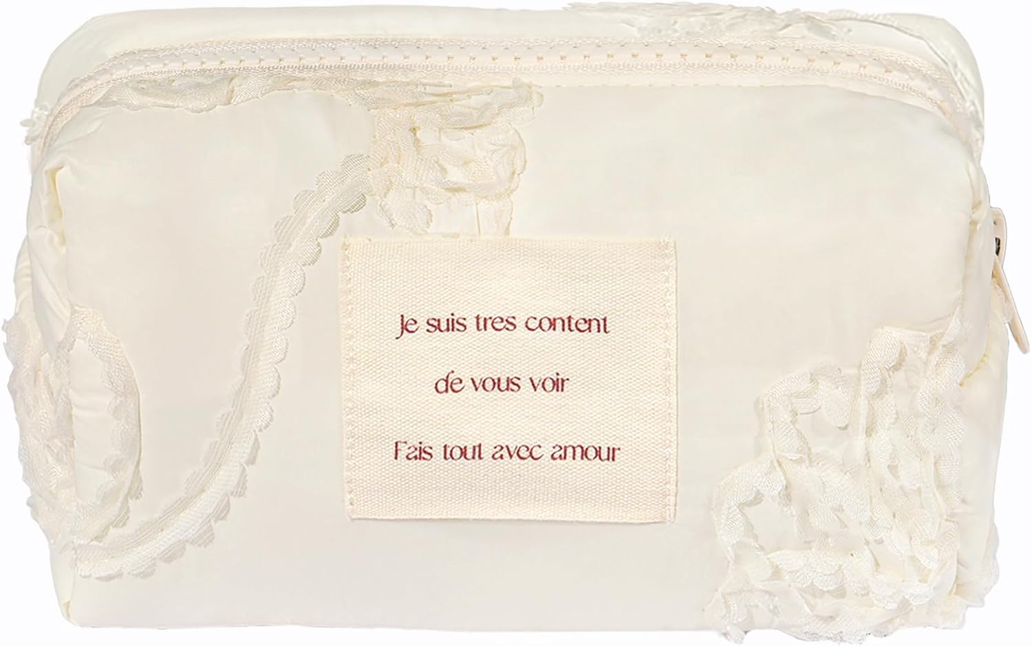 Sminra White Makeup Bag Small Nylon Cotton Quilted Cosmetic Makeup Bag Organizer, Aesthetic Floral Waterproof Portable Pouch Purse Toiletry Bag for Women Girls Travel Accessories, White Lace-S, - White Lace-L image number 6