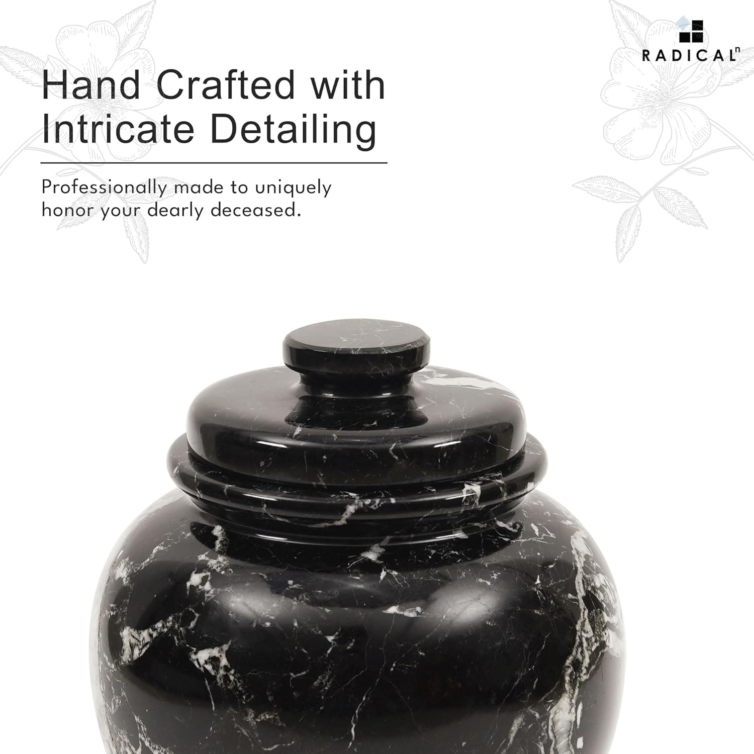 Radicaln Marble Urn 6'' Inches Black Handmade Small for Human Ashes Keepsake - Burial for Funeral, Urn for Ashes